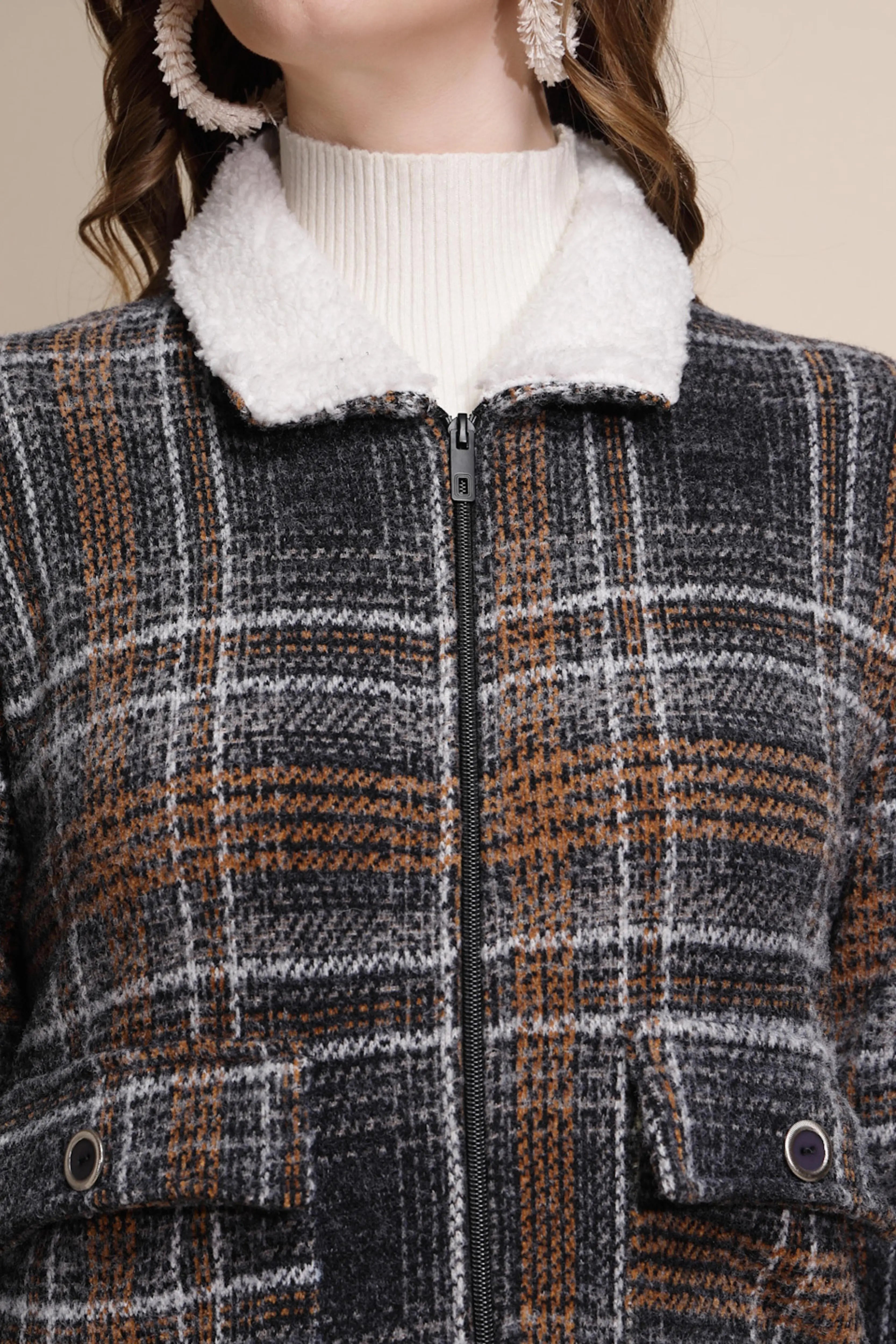 Grey Check Full Sleeve Collared Neck Fleece Sweatshirt - Global Republic