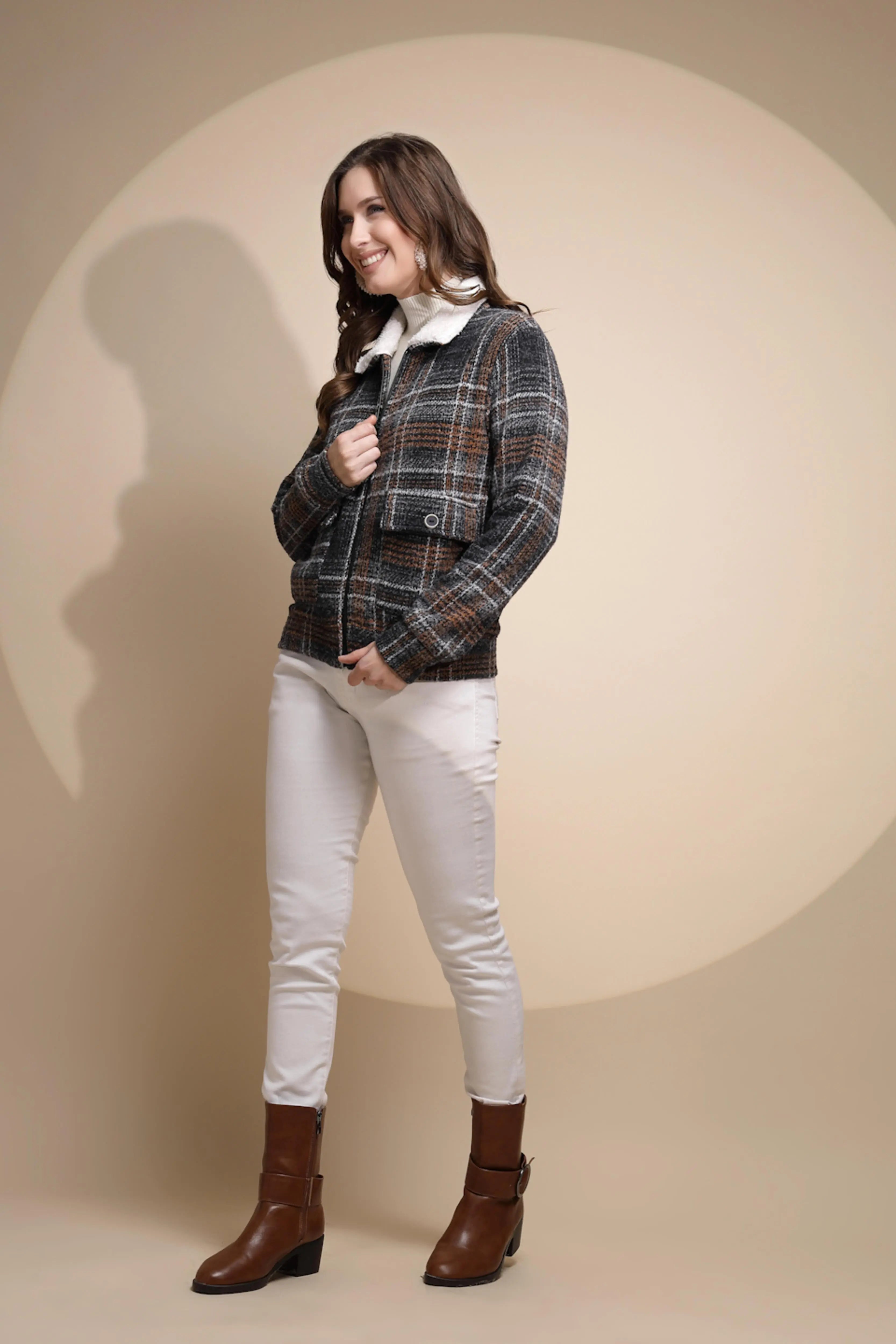 Grey Check Full Sleeve Collared Neck Fleece Sweatshirt - Global Republic