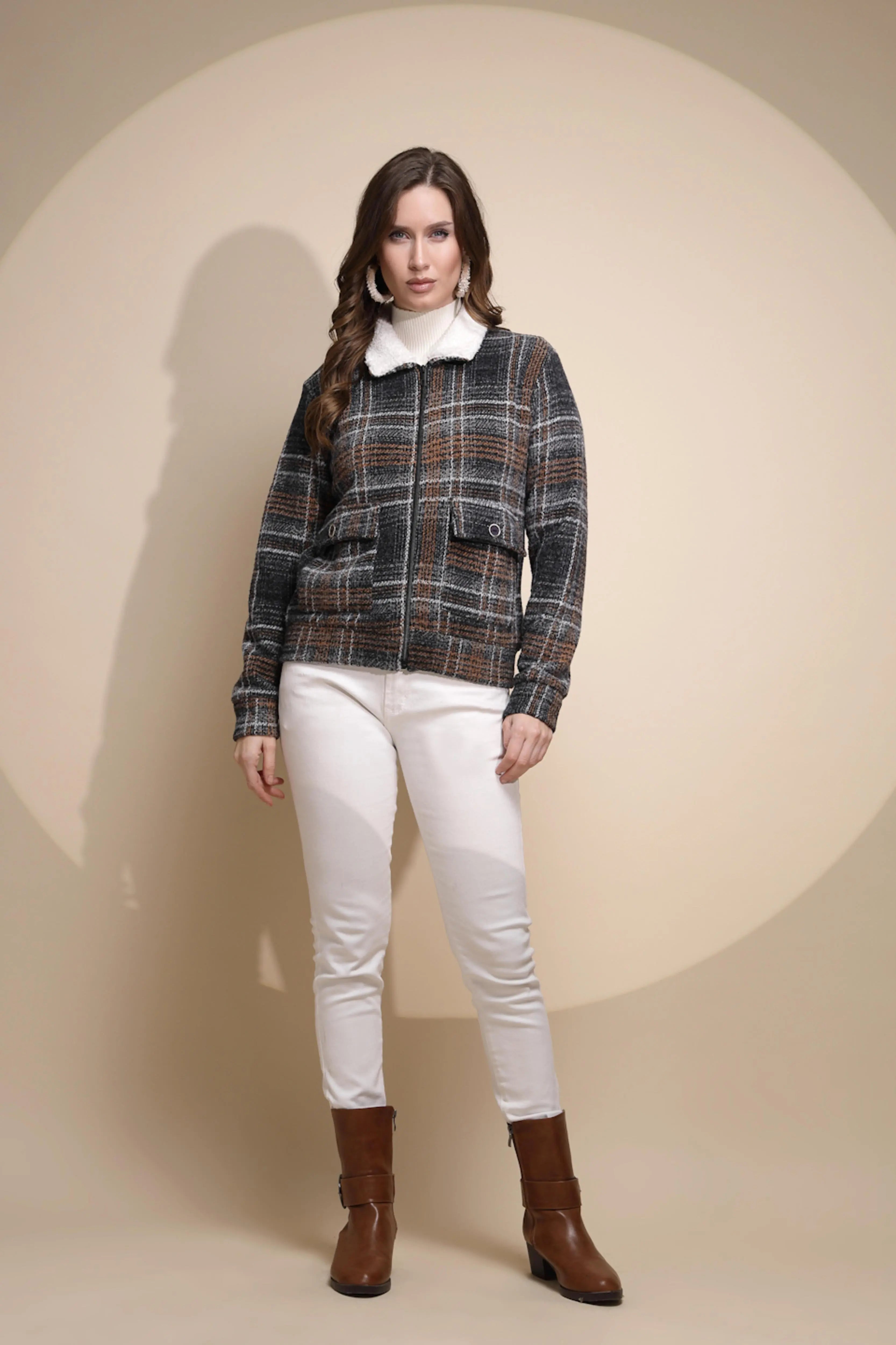 Grey Check Full Sleeve Collared Neck Fleece Sweatshirt - Global Republic