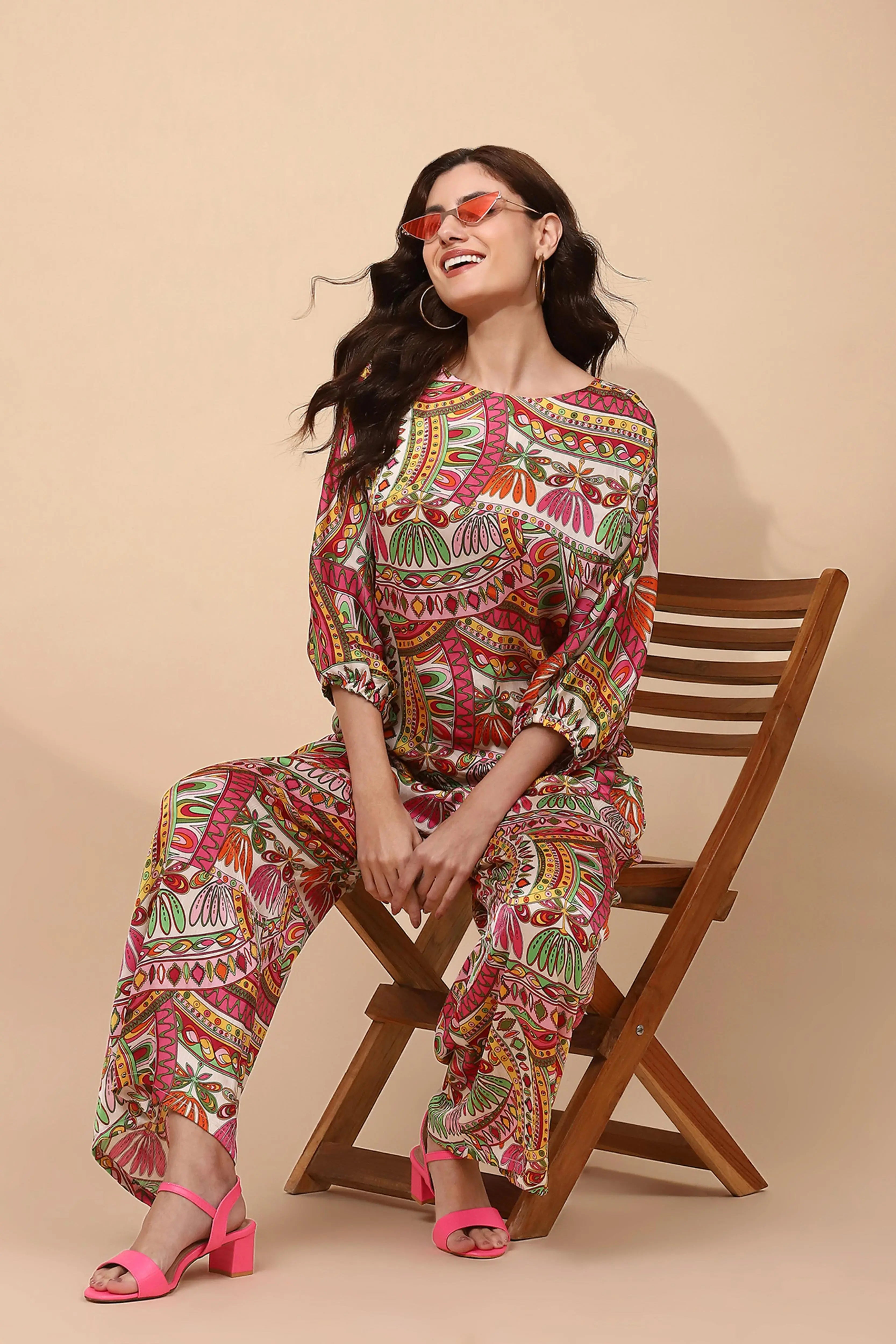 Multi Pink Satin Relaxed Fit Co-ord Set - Global Republic