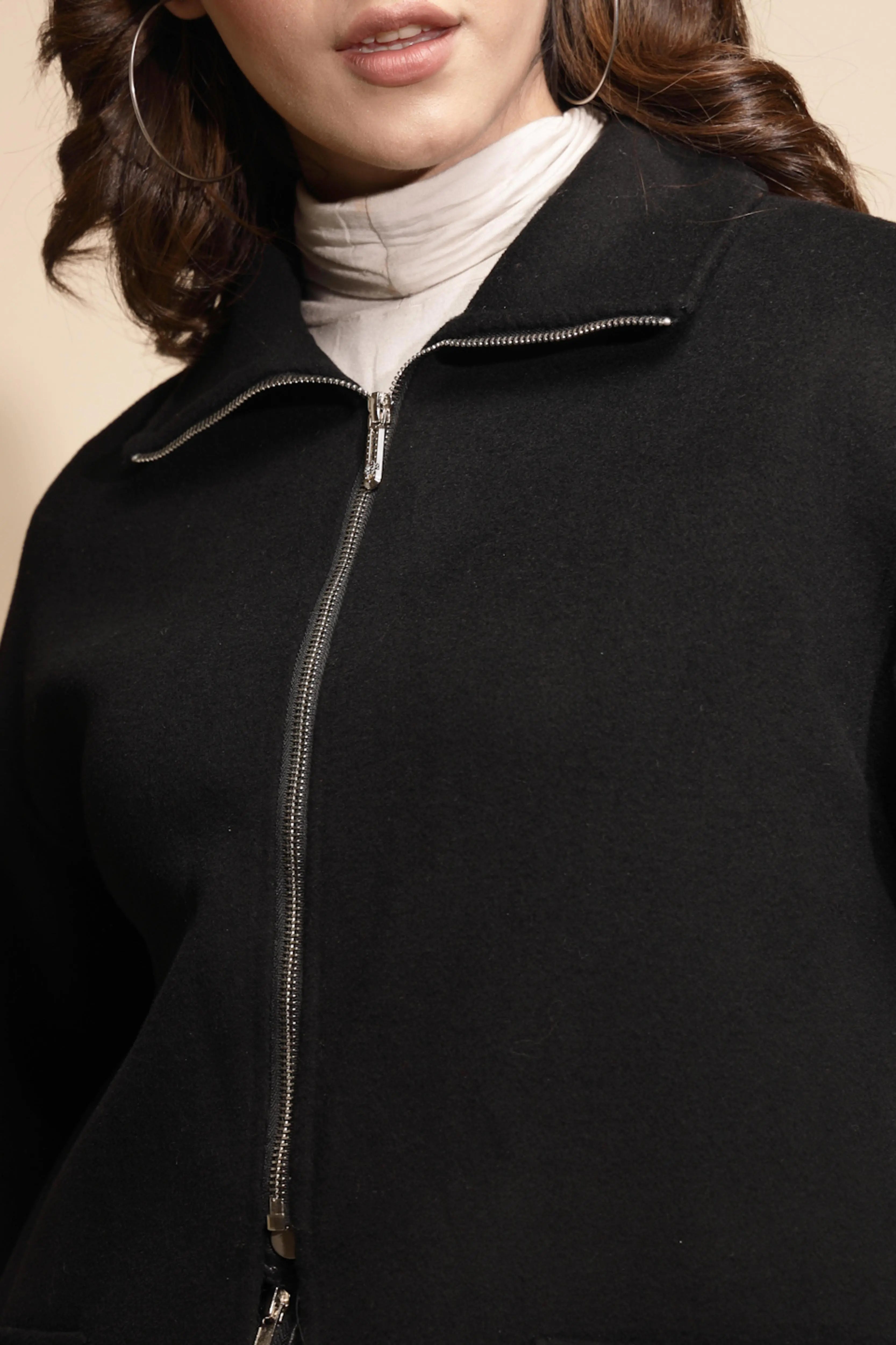 Women Black Solid Collared Neck Full Sleeve Woolen Coat - Global Republic