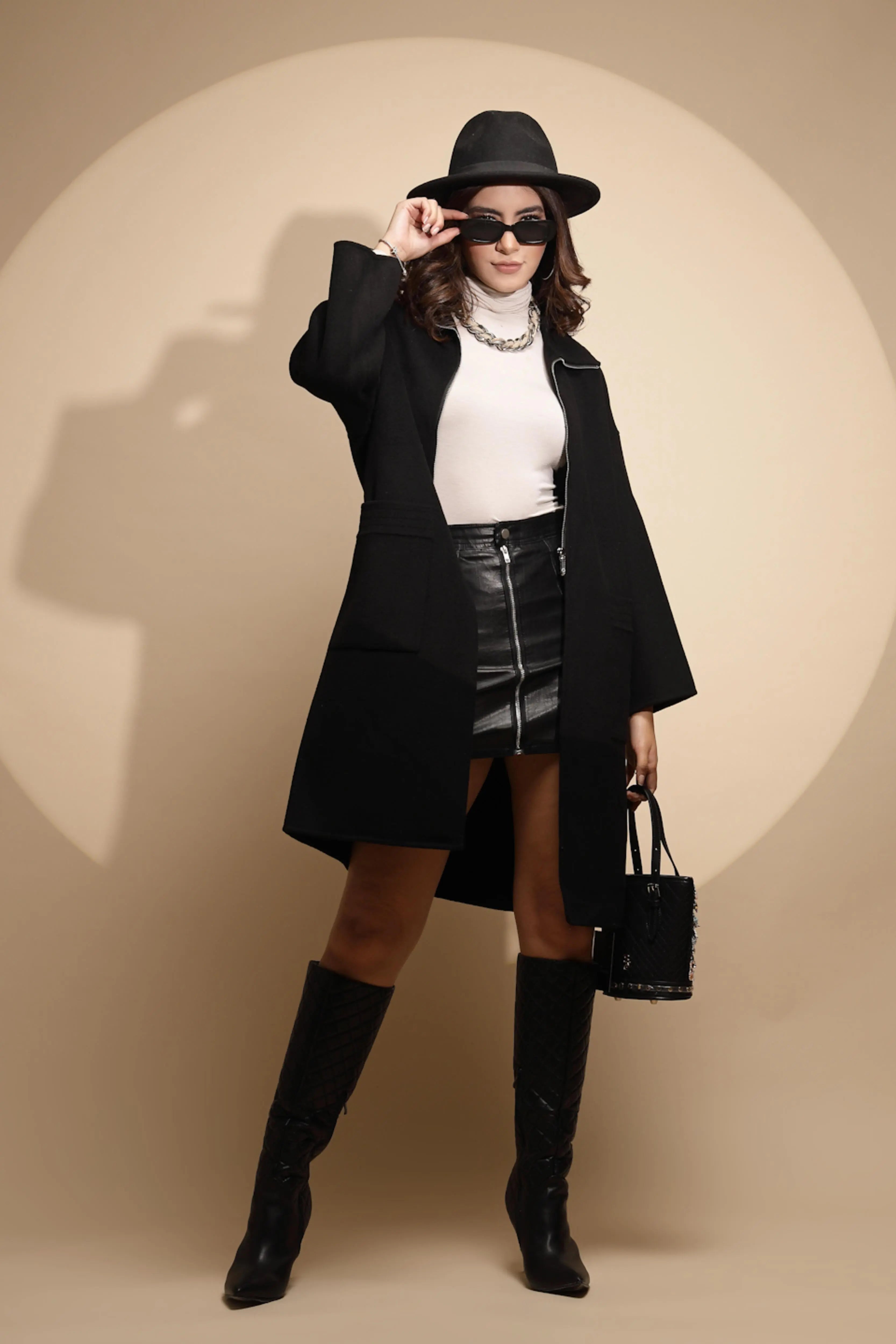Women Black Solid Collared Neck Full Sleeve Woolen Coat - Global Republic