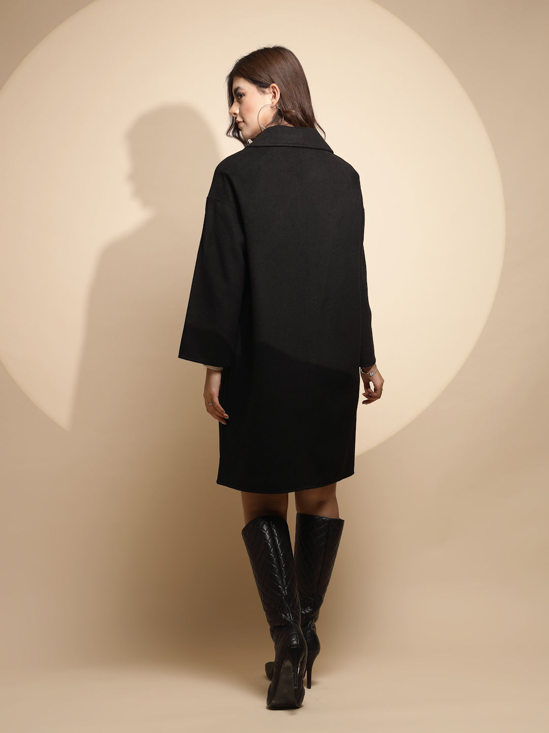 Women Black Solid Collared Neck Full Sleeve Woolen Coat - Global Republic