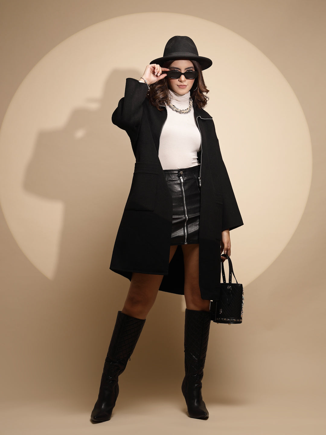 Women Black Solid Collared Neck Full Sleeve Woolen Coat - Global Republic
