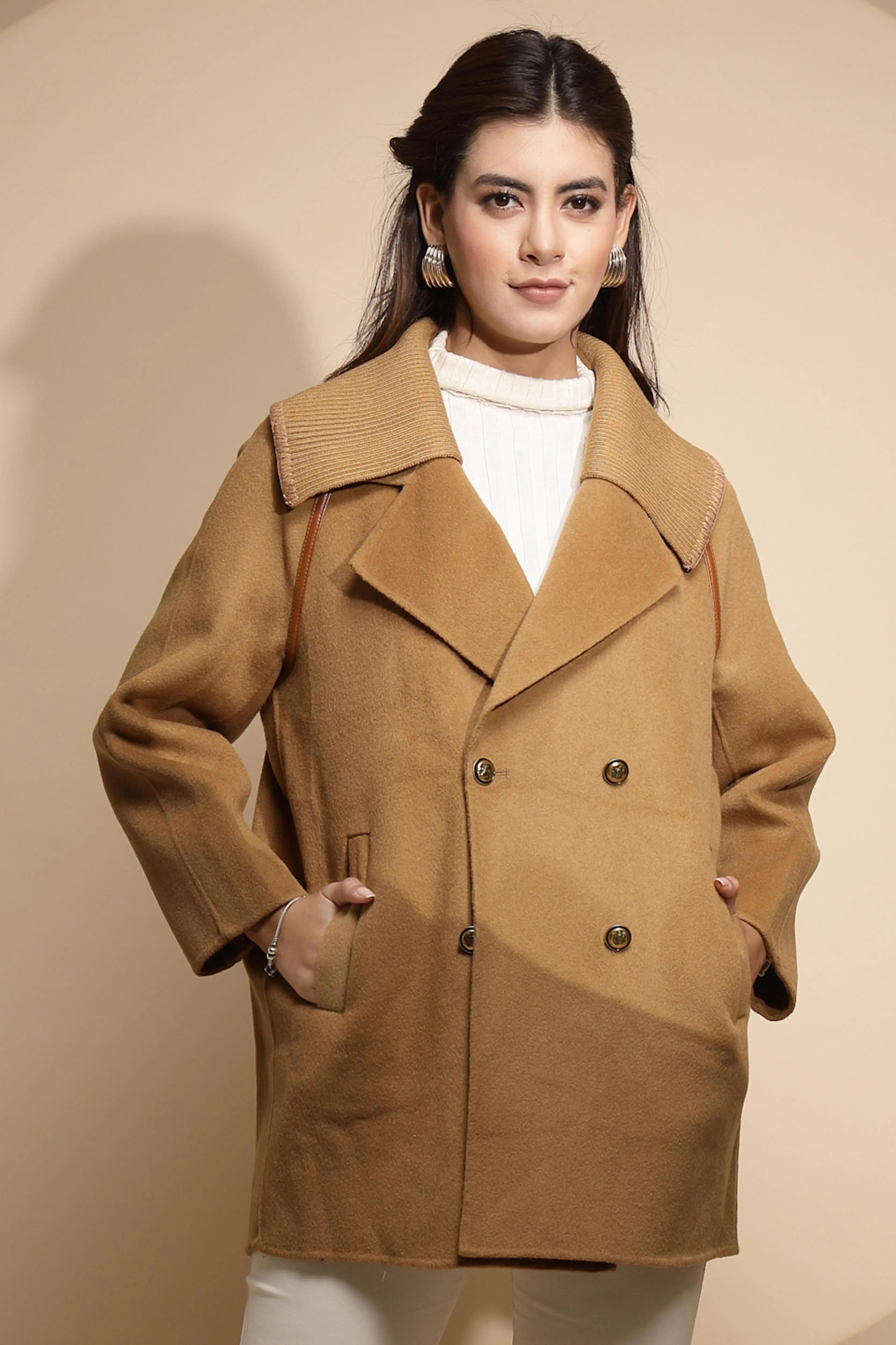 Brown Solid Collared Neck Wool Coat - Global Republic