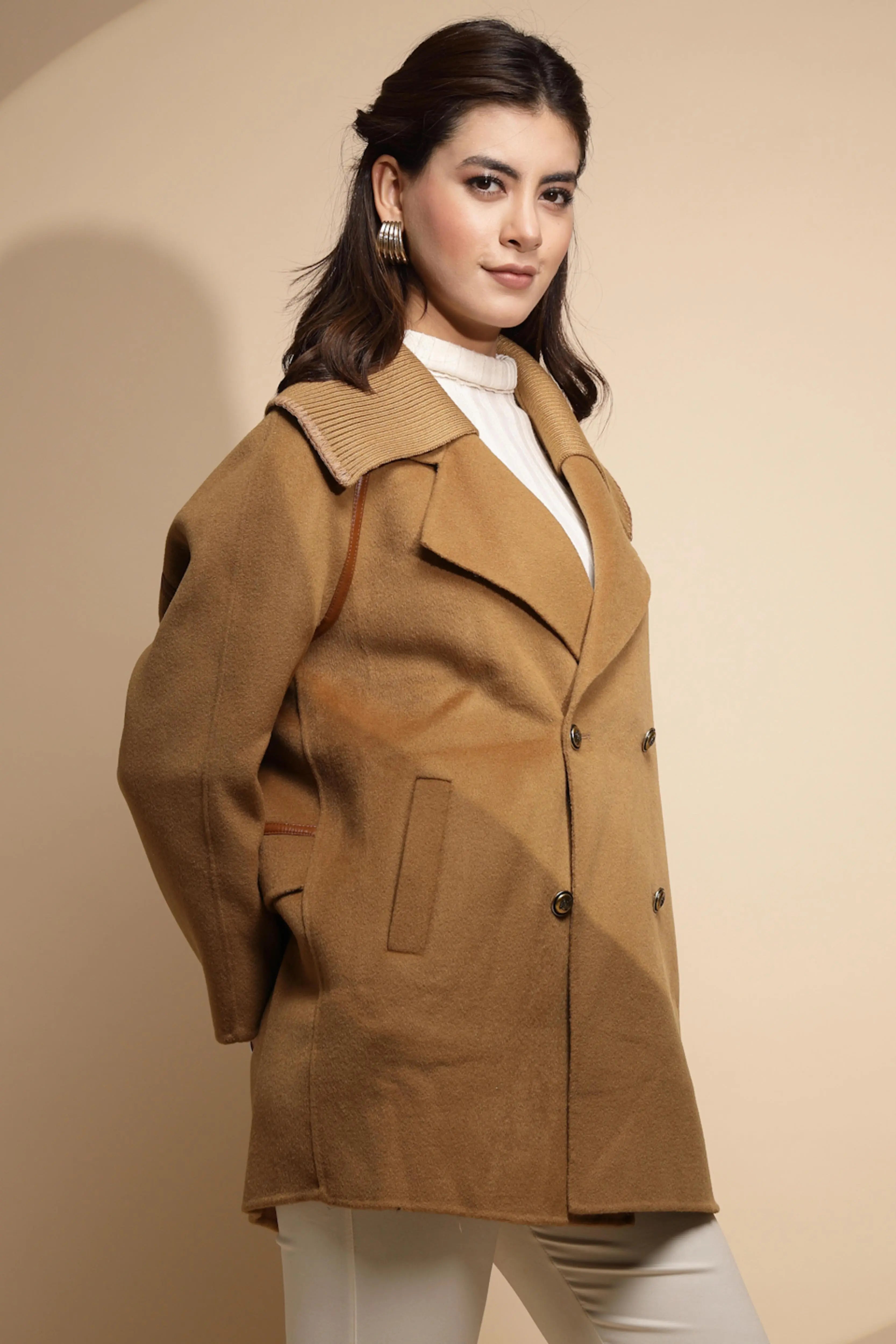 Brown Solid Collared Neck Wool Coat - Global Republic