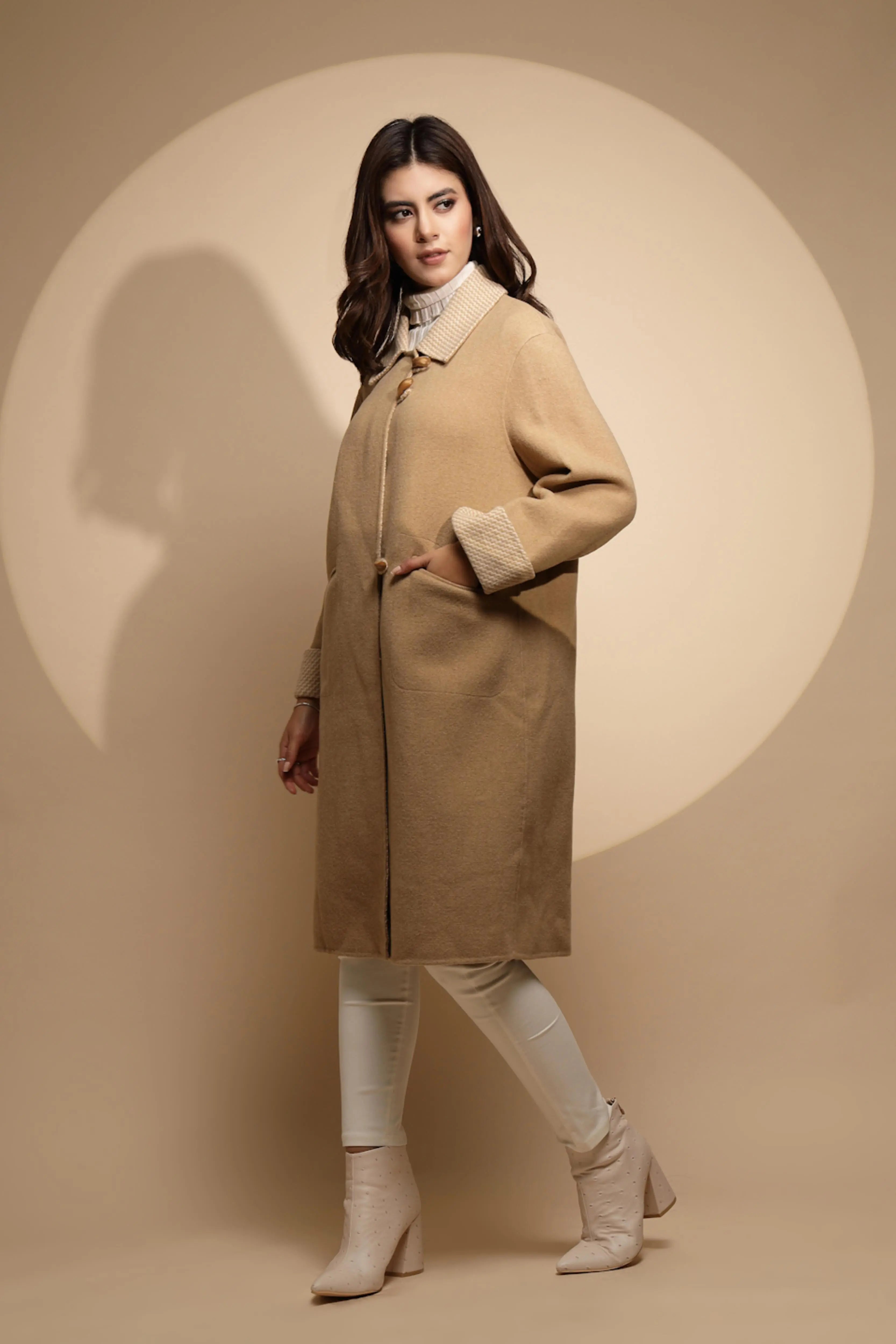 Beige Solid Collared Neck Full Sleeve Wool Coat - Global Republic