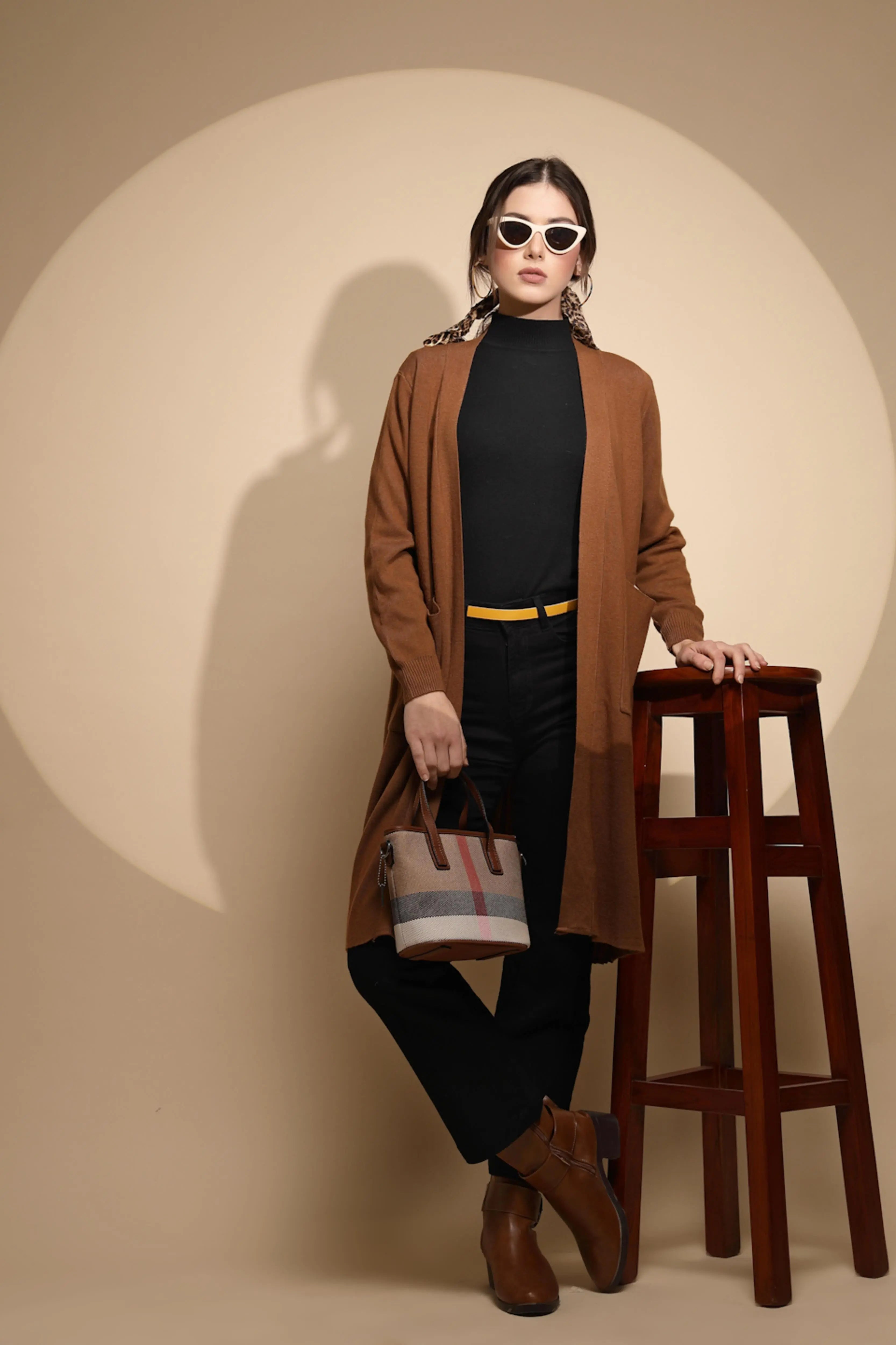 Solid Brown Knitted Winter Shrug - Global Republic