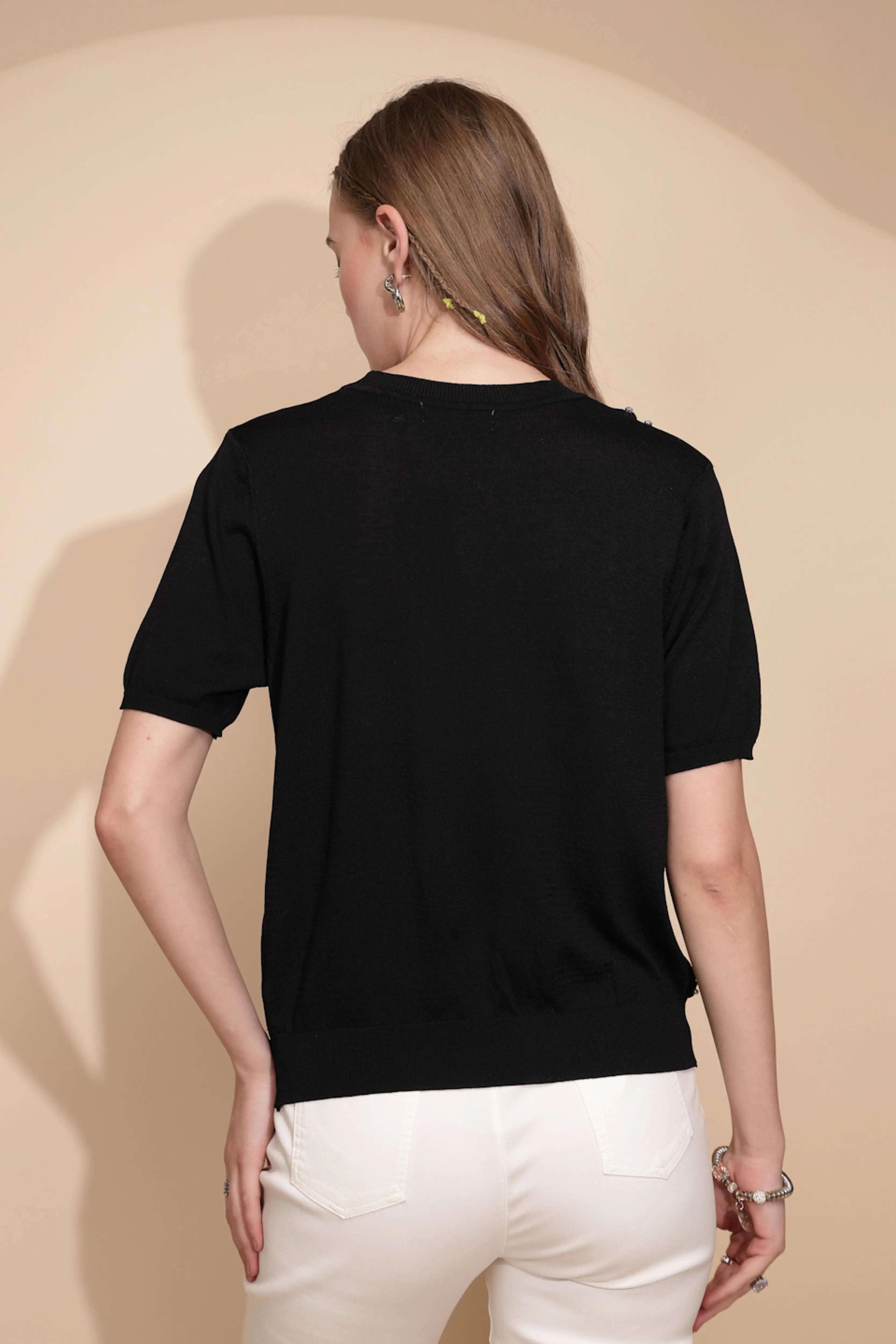 Black Solid Viscose Blend Top - Global Republic