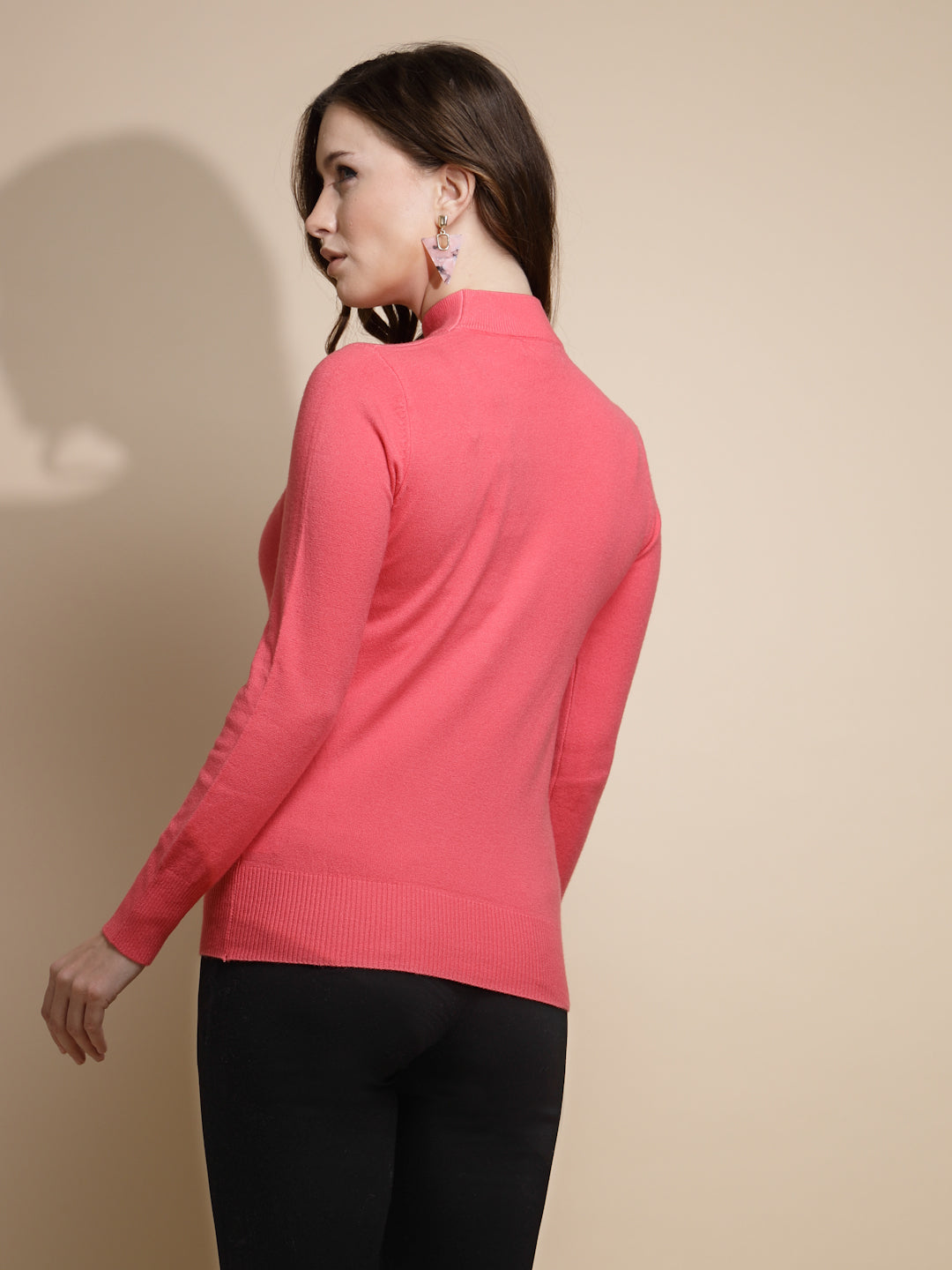 Hot Pink Turtle Neck Solid Pullover