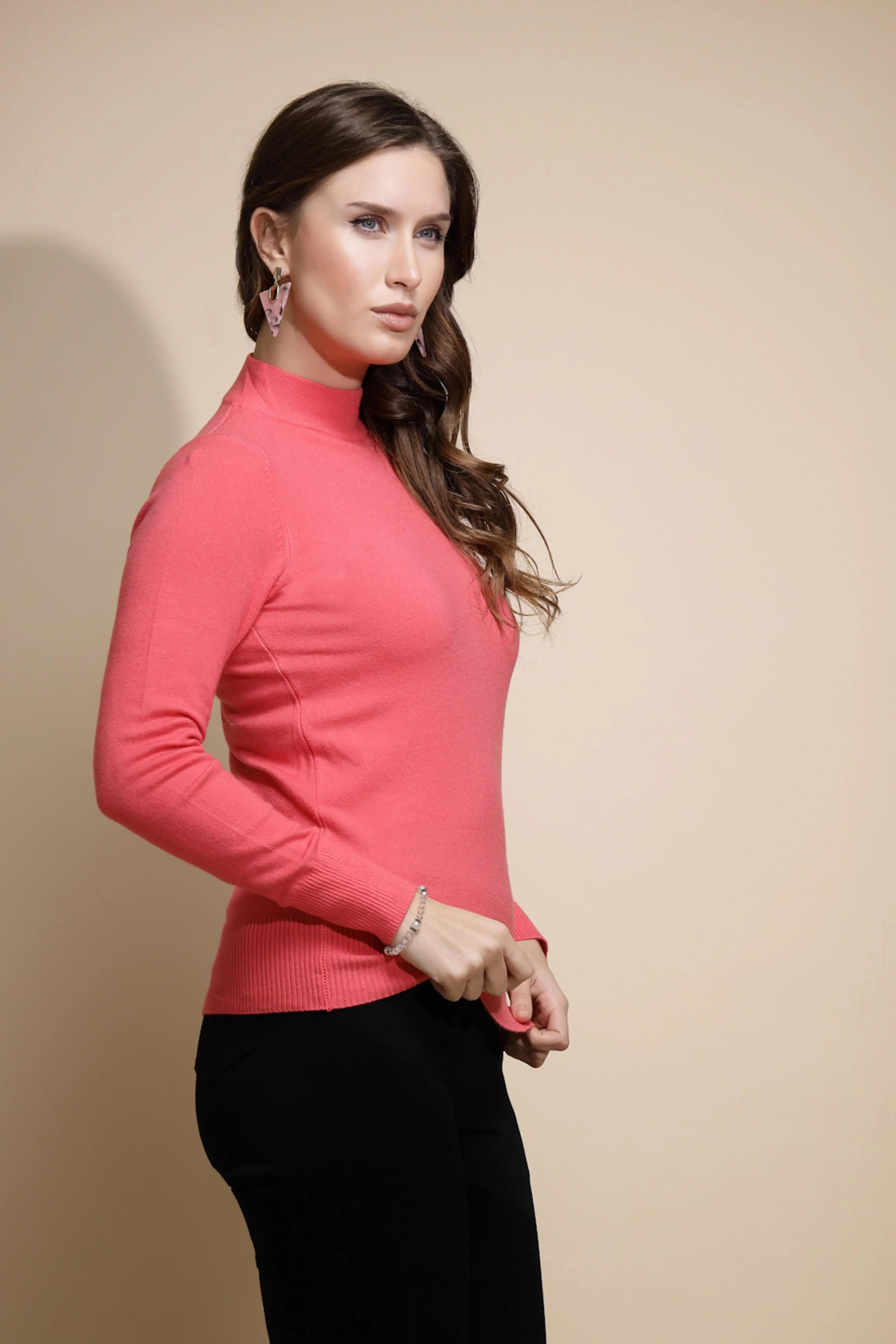 Hot Pink Turtle Neck Solid Pullover - Global Republic
