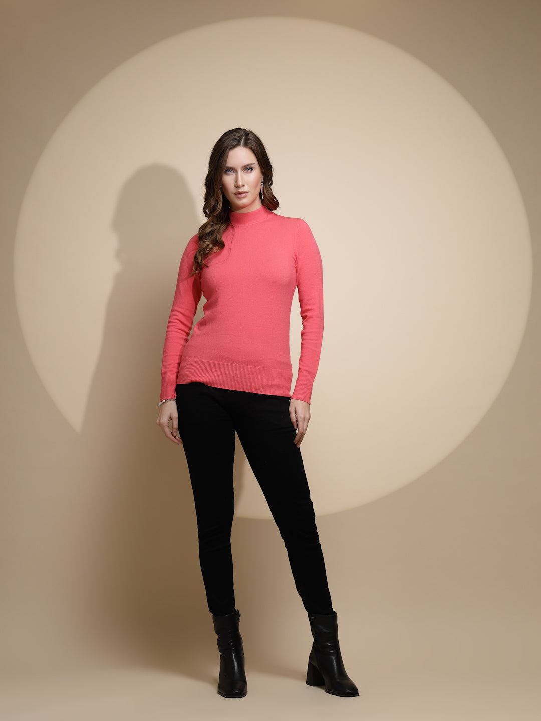 Hot Pink Turtle Neck Solid Pullover