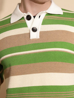 Men Green Striped Full Sleeve Collar Neck Knitted Pullover