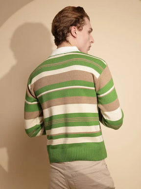Men Green Striped Full Sleeve Collar Neck Knitted Pullover