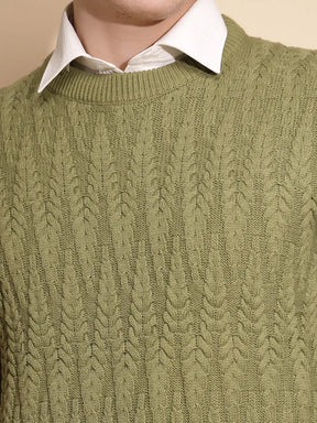 Men Green Solid Full Sleeve Round Neck Knitted Pullover