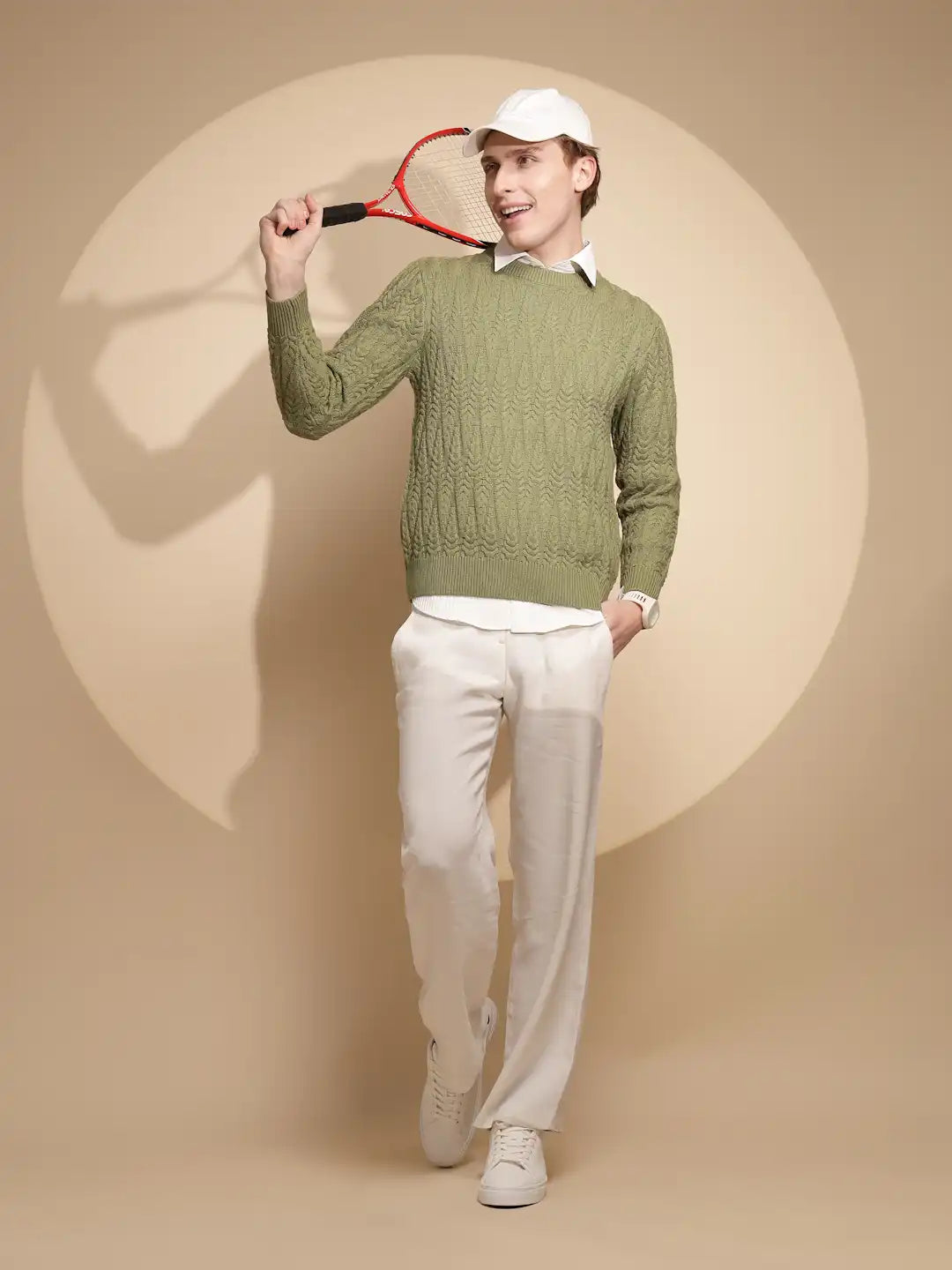 Men Green Solid Full Sleeve Round Neck Knitted Pullover