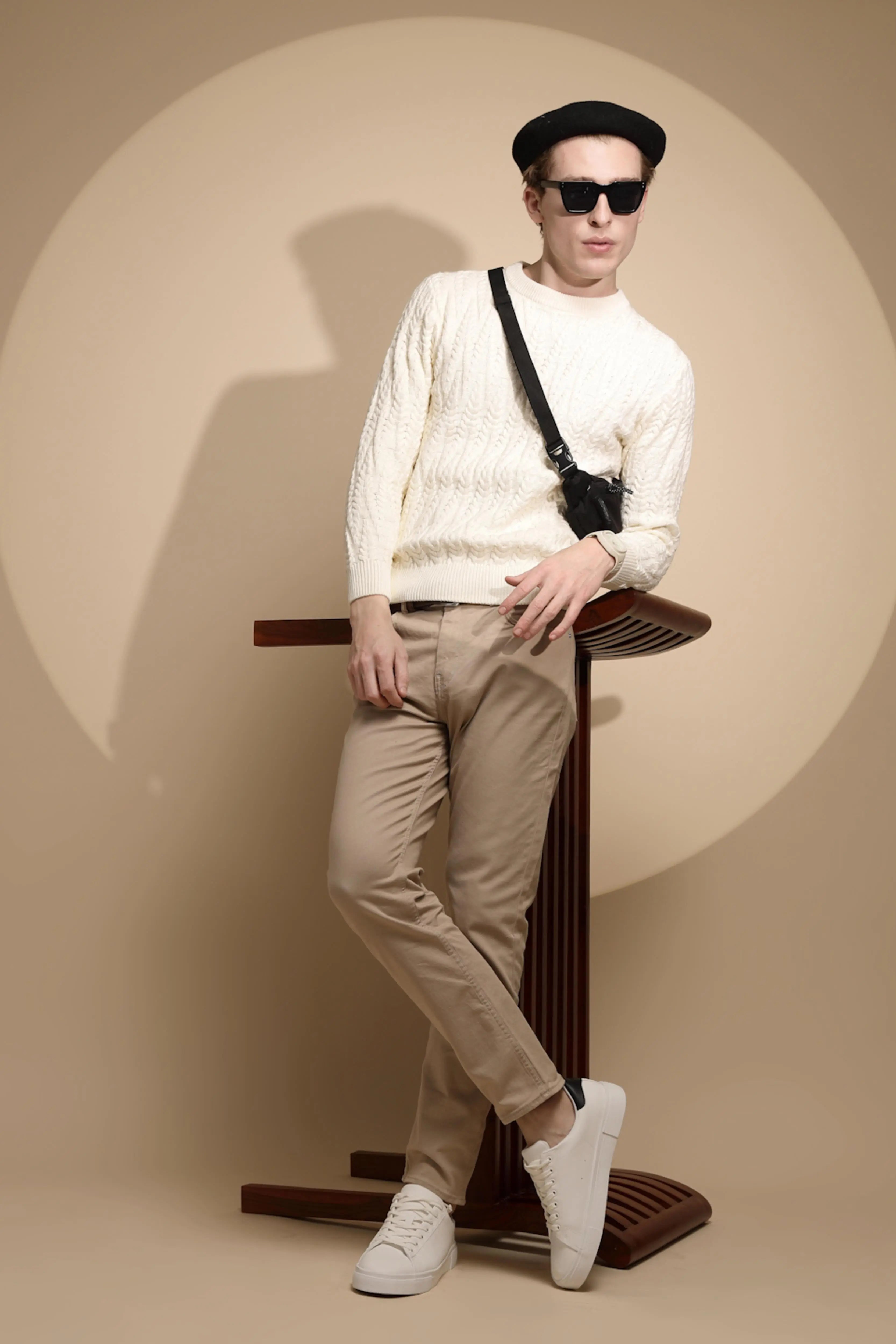 Off White Solid Full Sleeve Round Neck Knitted Pullover - Global Republic