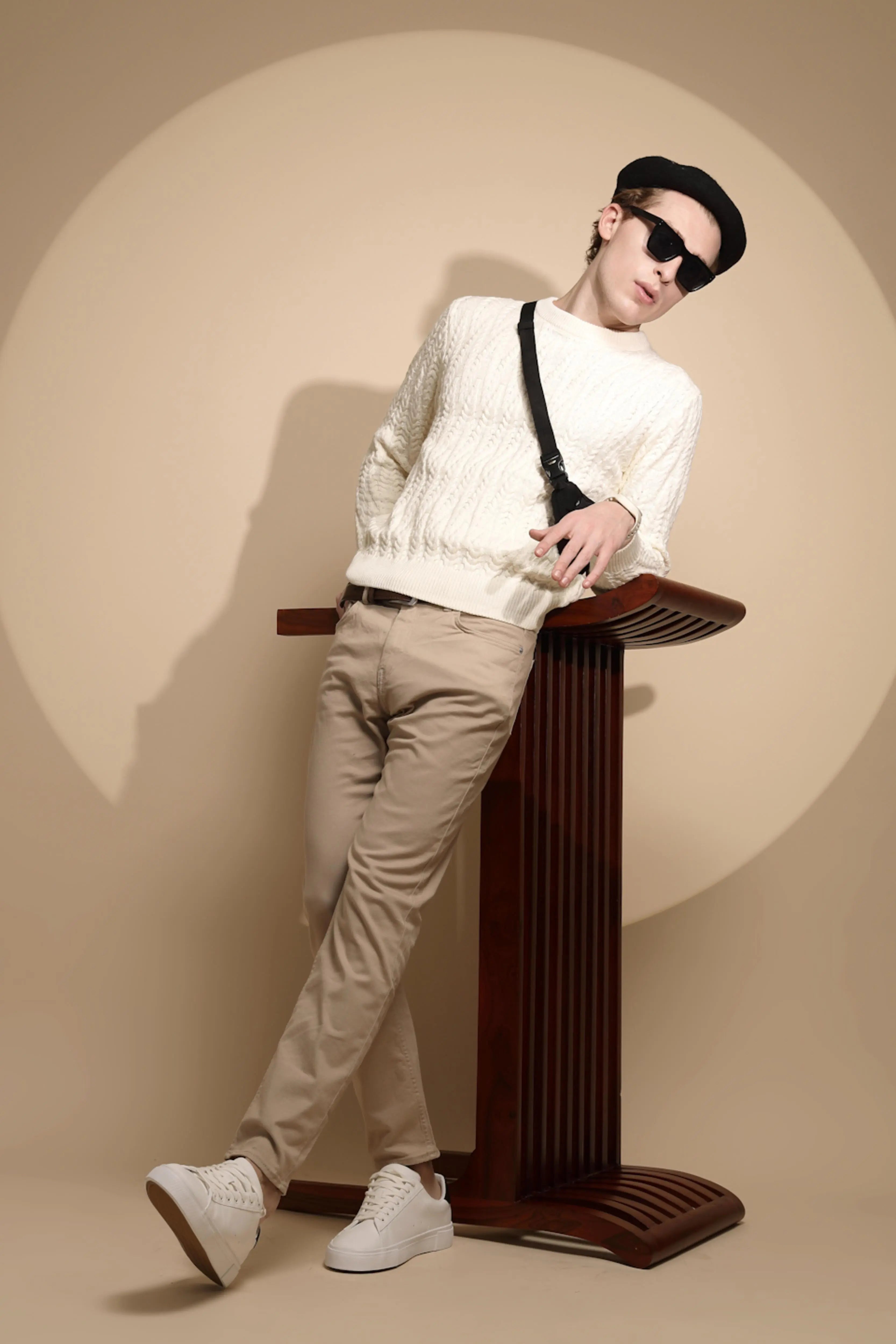 Off White Solid Full Sleeve Round Neck Knitted Pullover - Global Republic