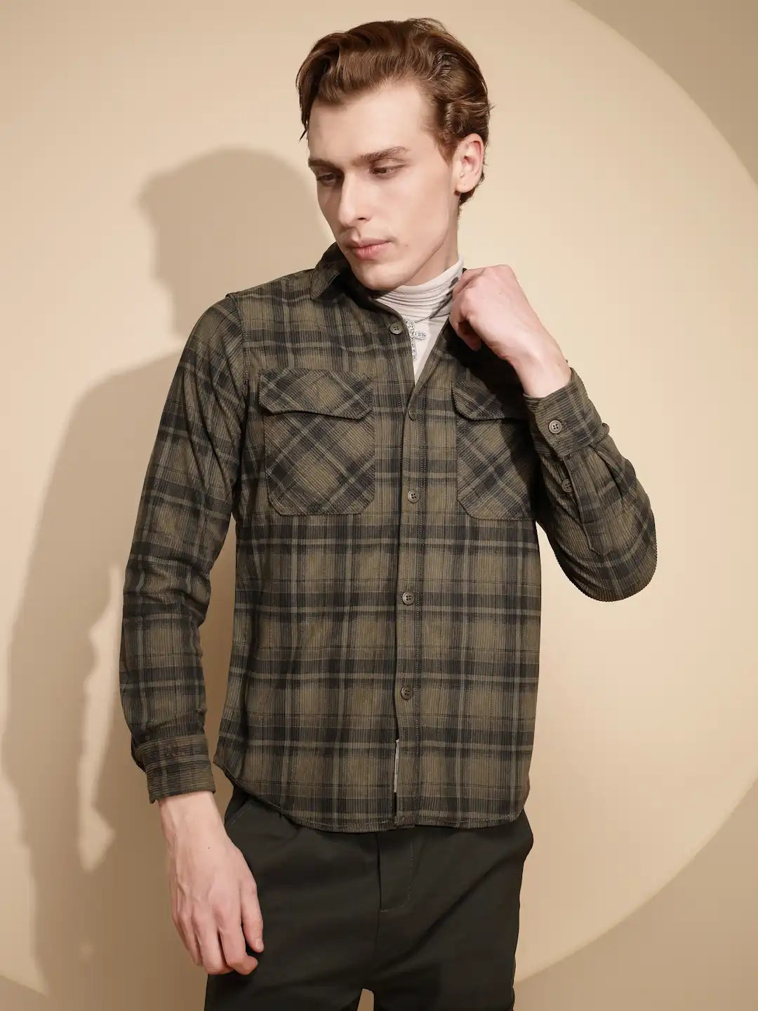 Men Olive Check Full Sleeve cotton Shirt - Global Republic