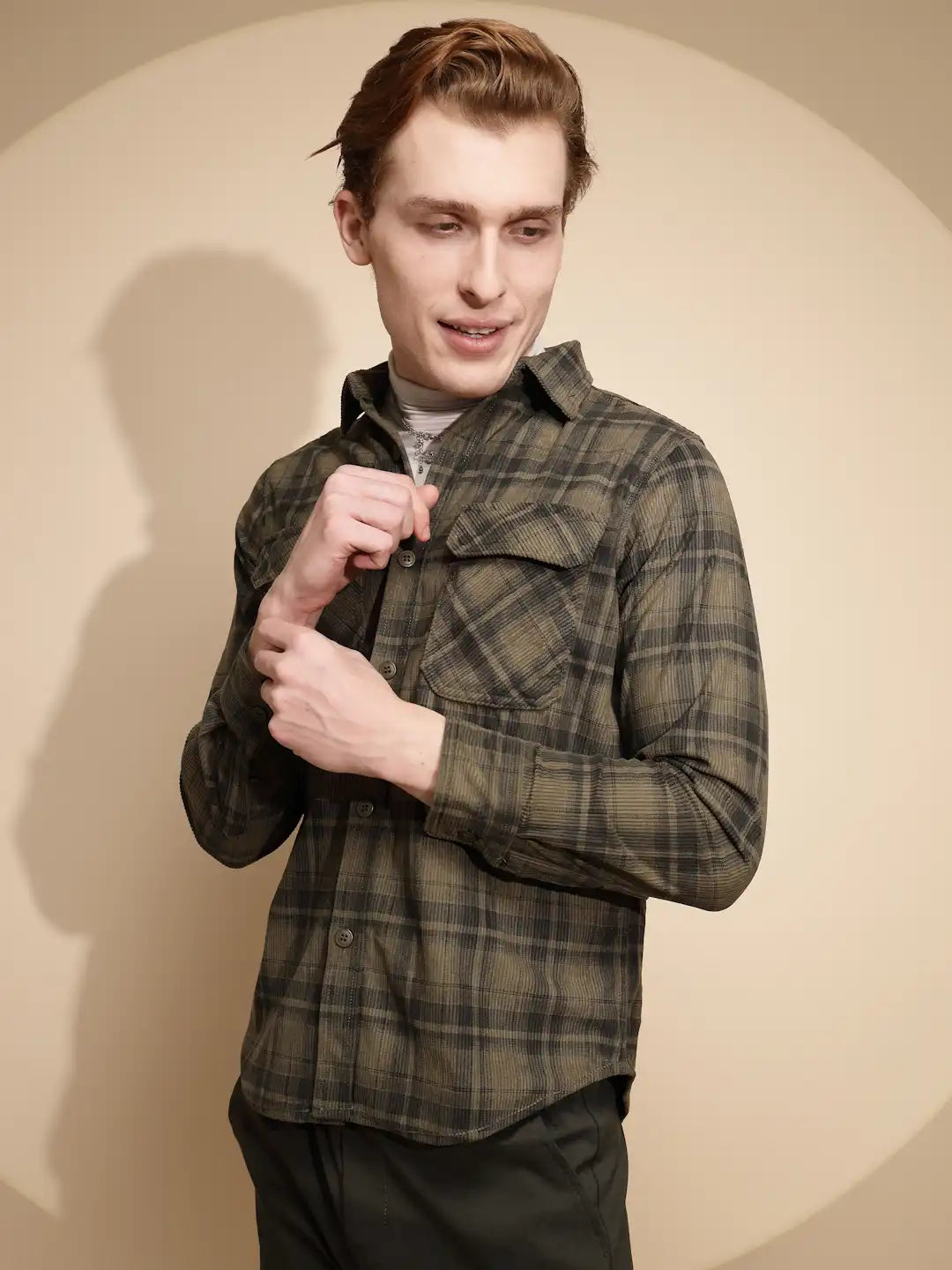 Men Olive Check Full Sleeve cotton Shirt - Global Republic