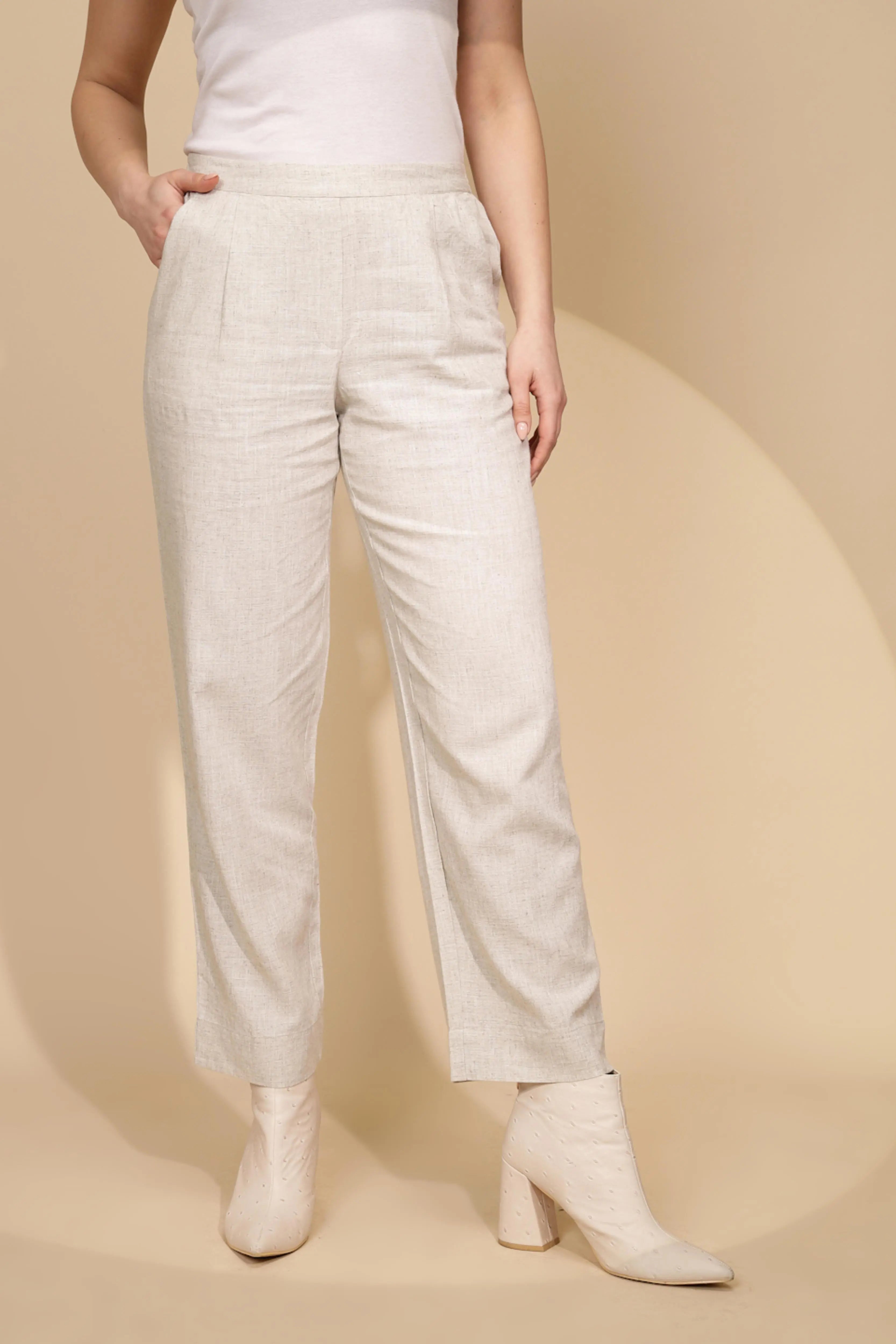 Beige Linen Relaxed Fit Trouser For Women - Global Republic