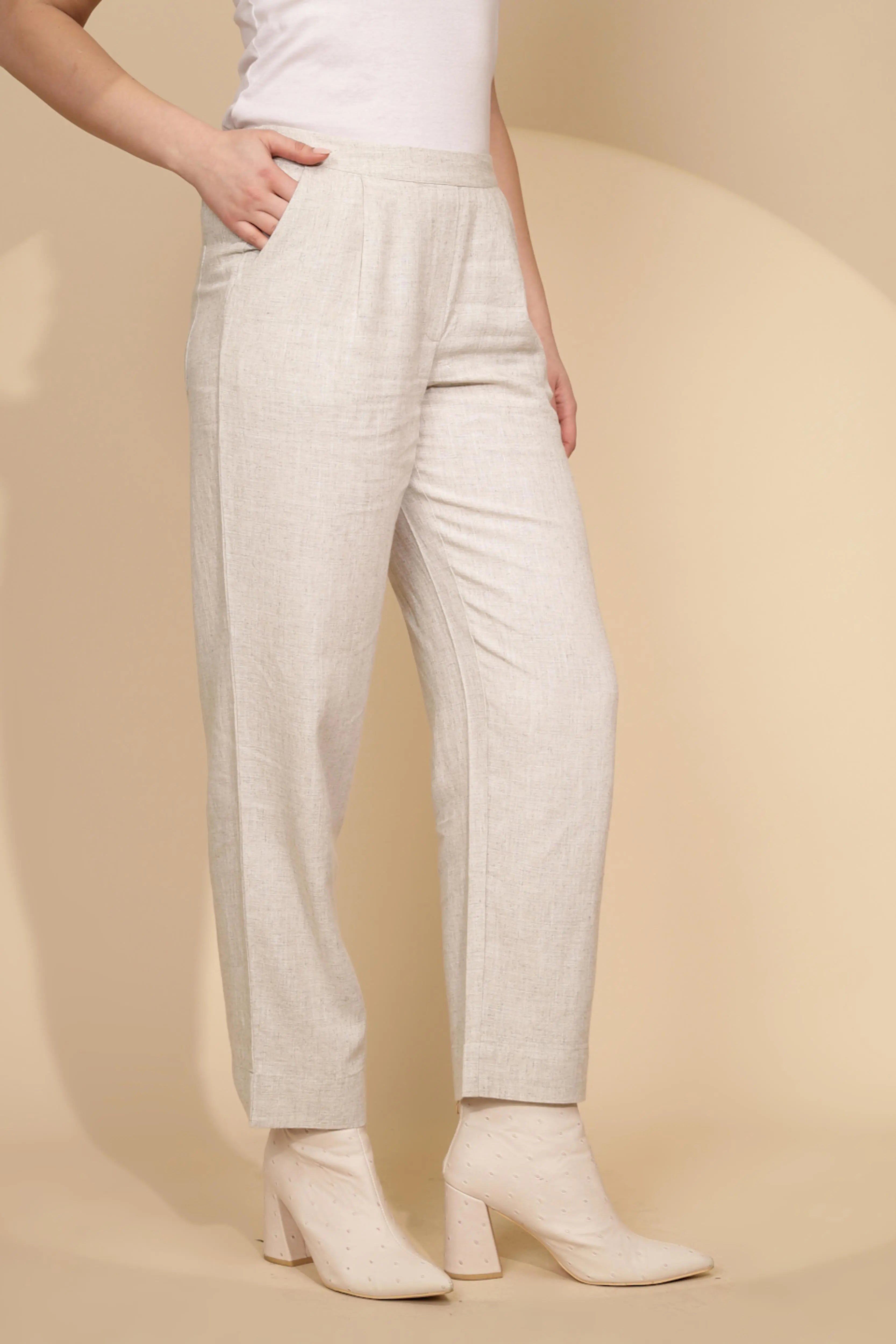 Beige Linen Relaxed Fit Trouser For Women - Global Republic