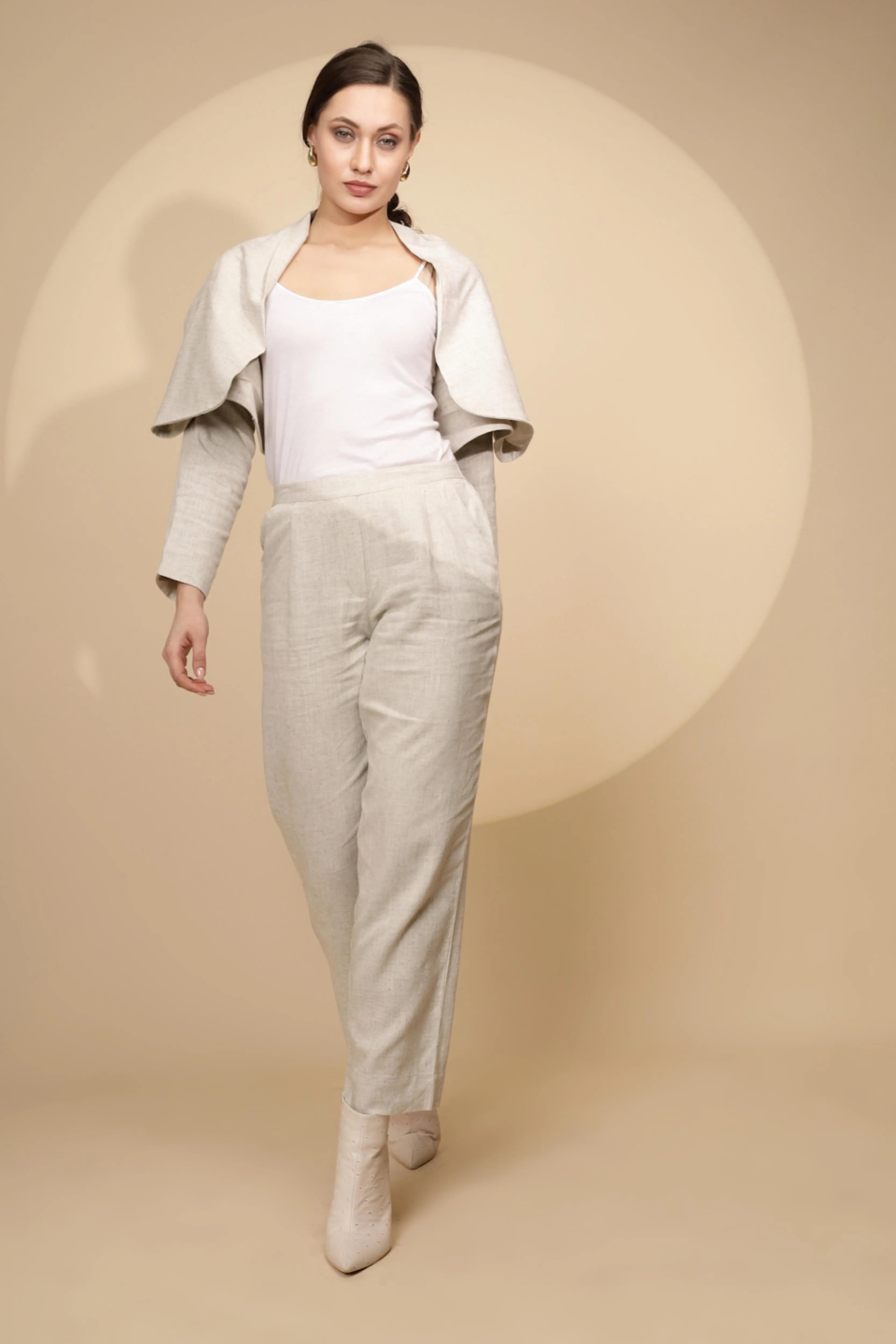Beige Linen Relaxed Fit Trouser For Women - Global Republic