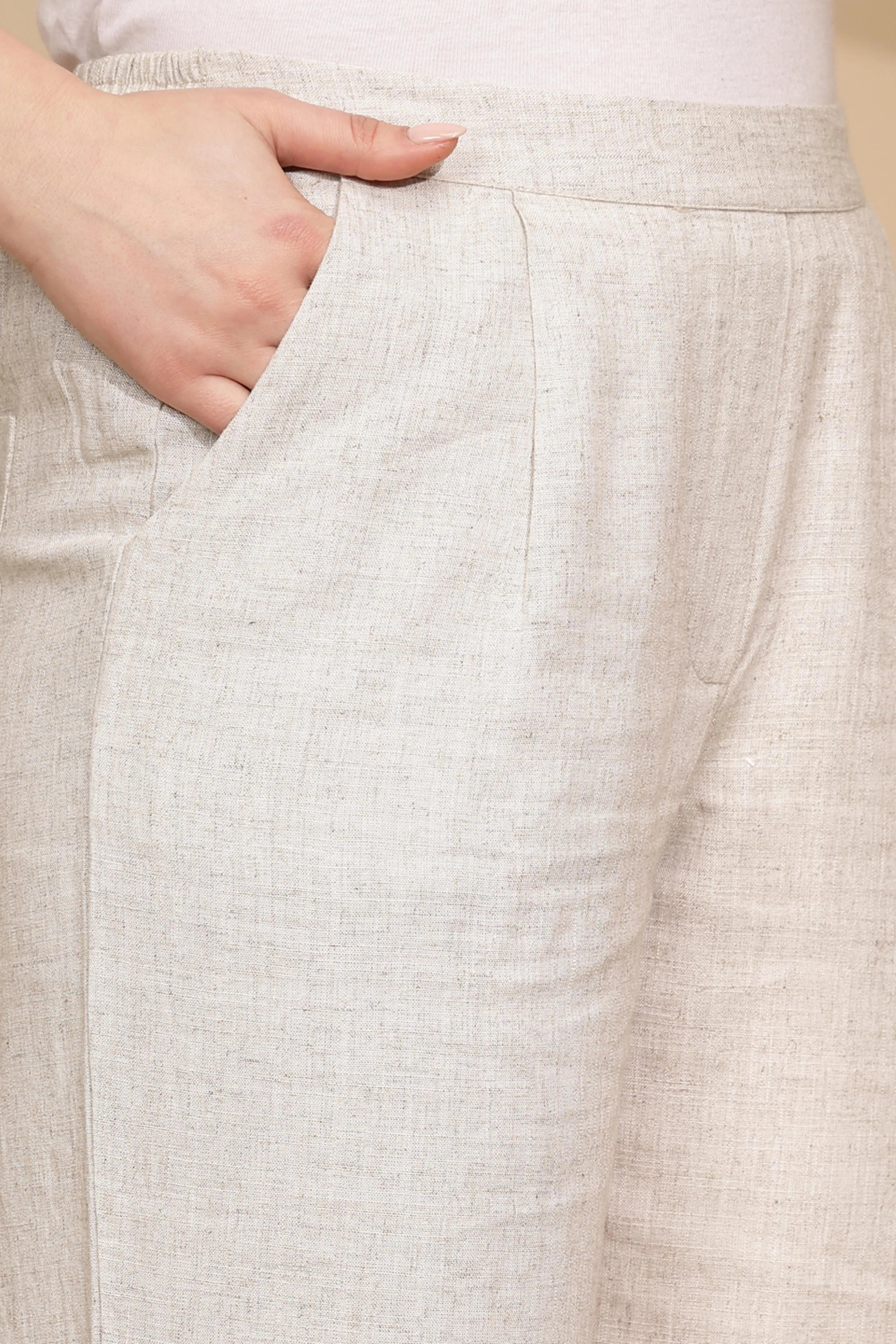 Beige Linen Relaxed Fit Trouser For Women - Global Republic