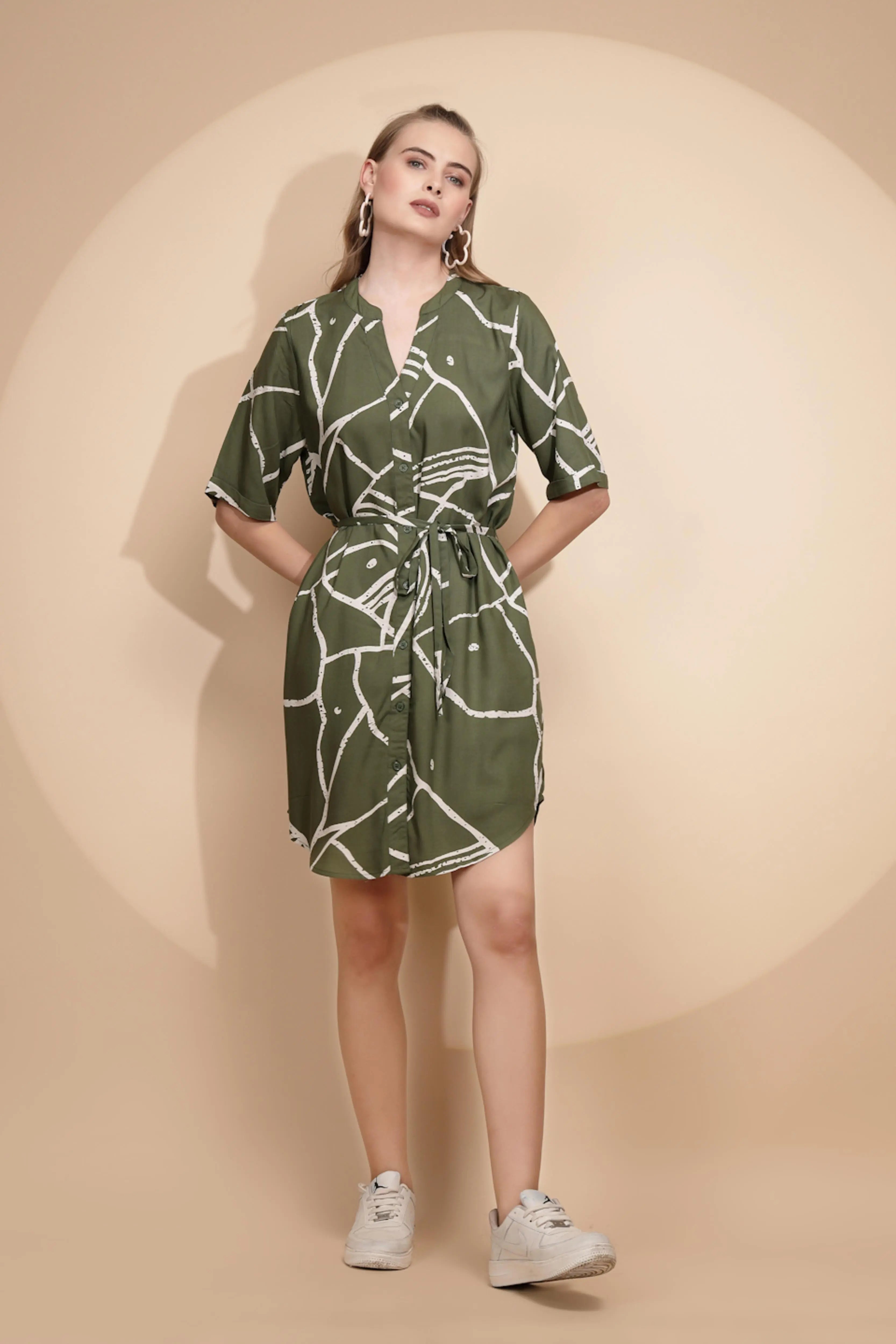 Olive Rayon Regular Fit Tunic For Women - Global Republic