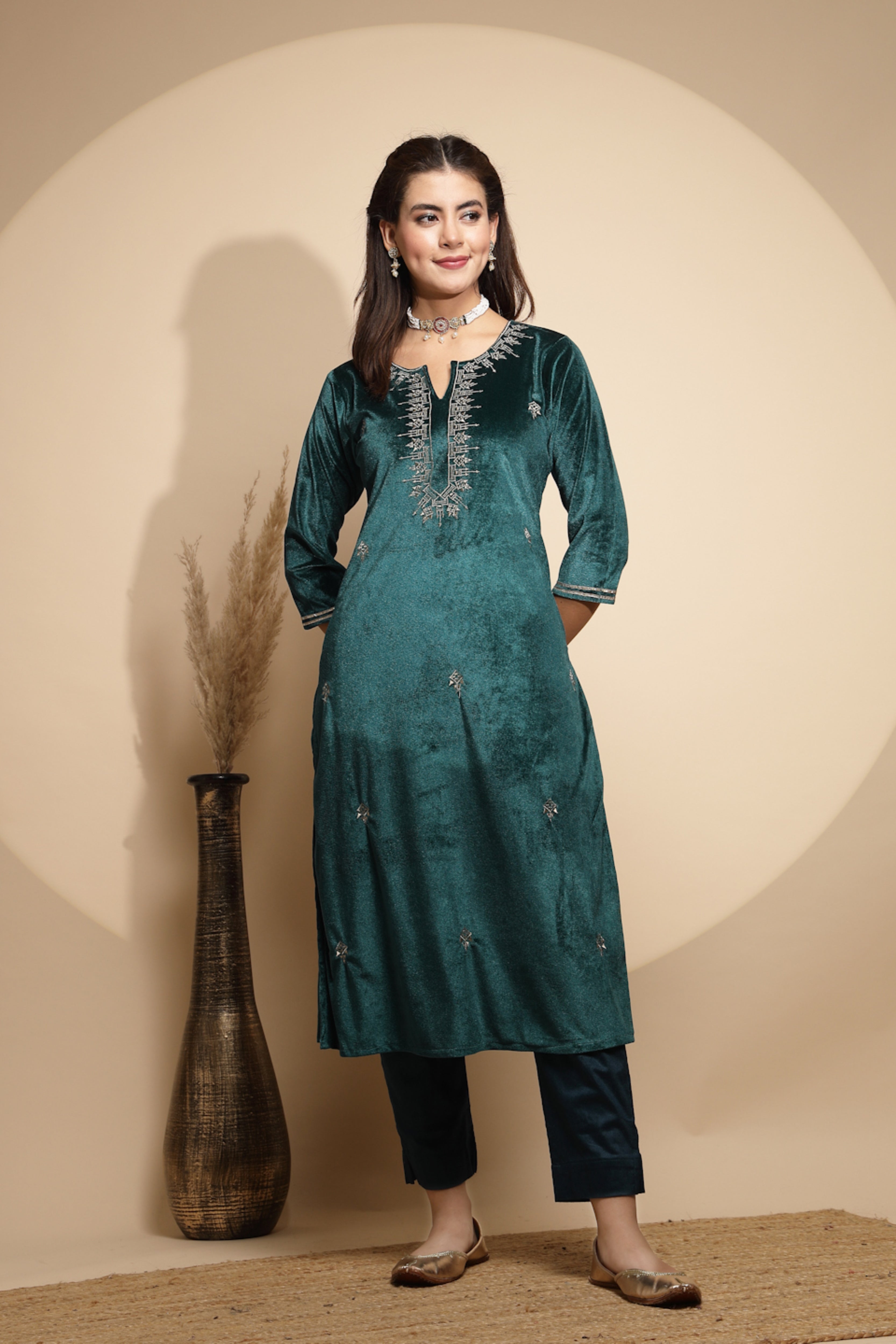 Green Embroidered Velvet Kurta