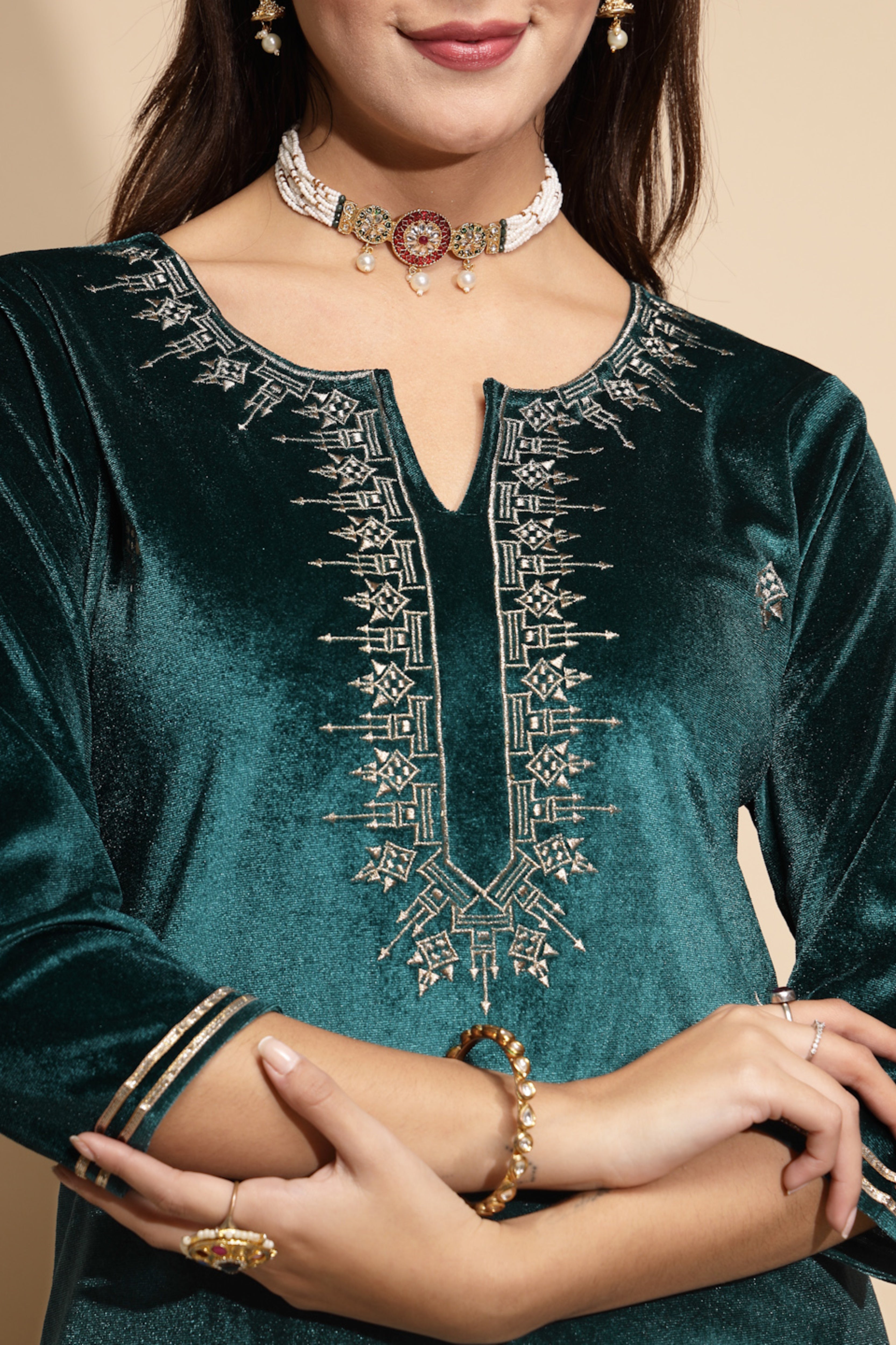 Green Embroidered Velvet Kurta