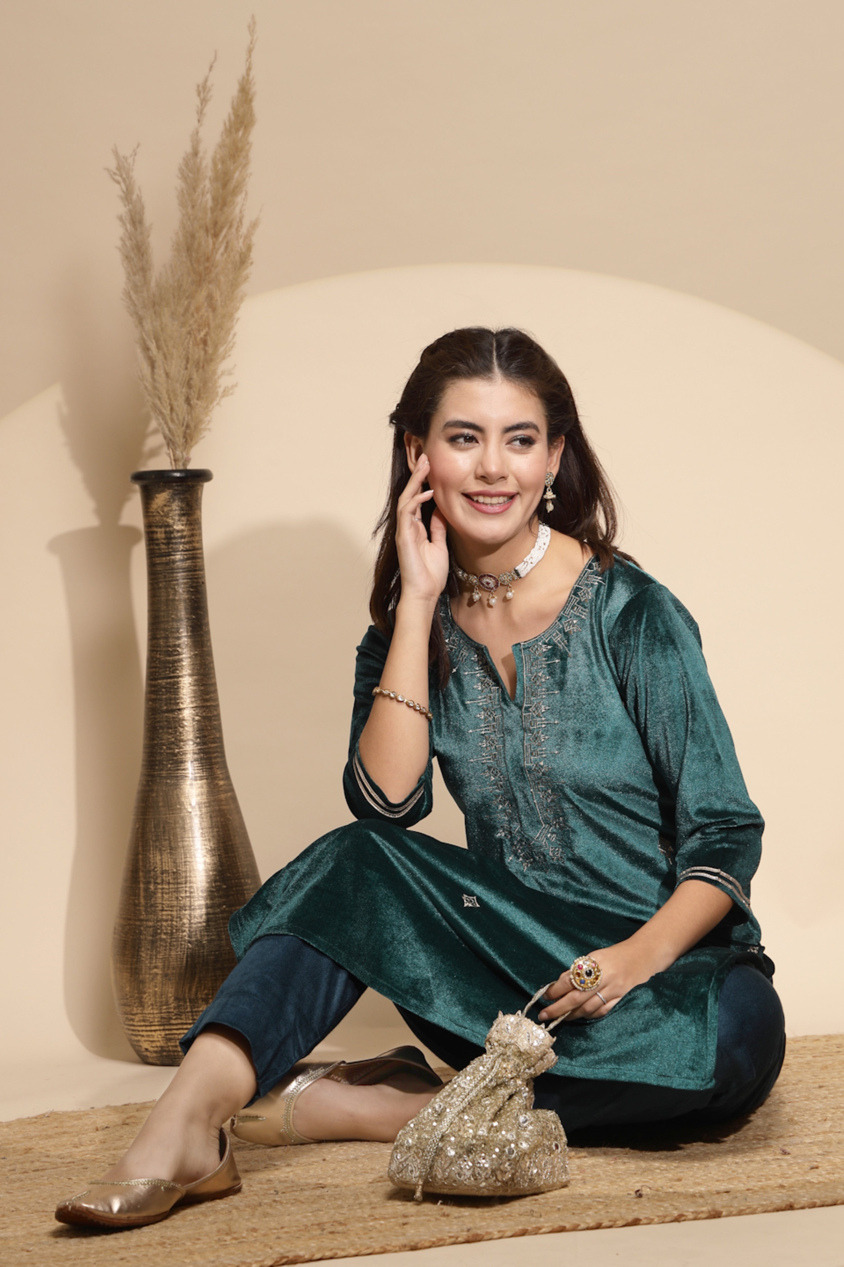 Green Embroidered Velvet Kurta