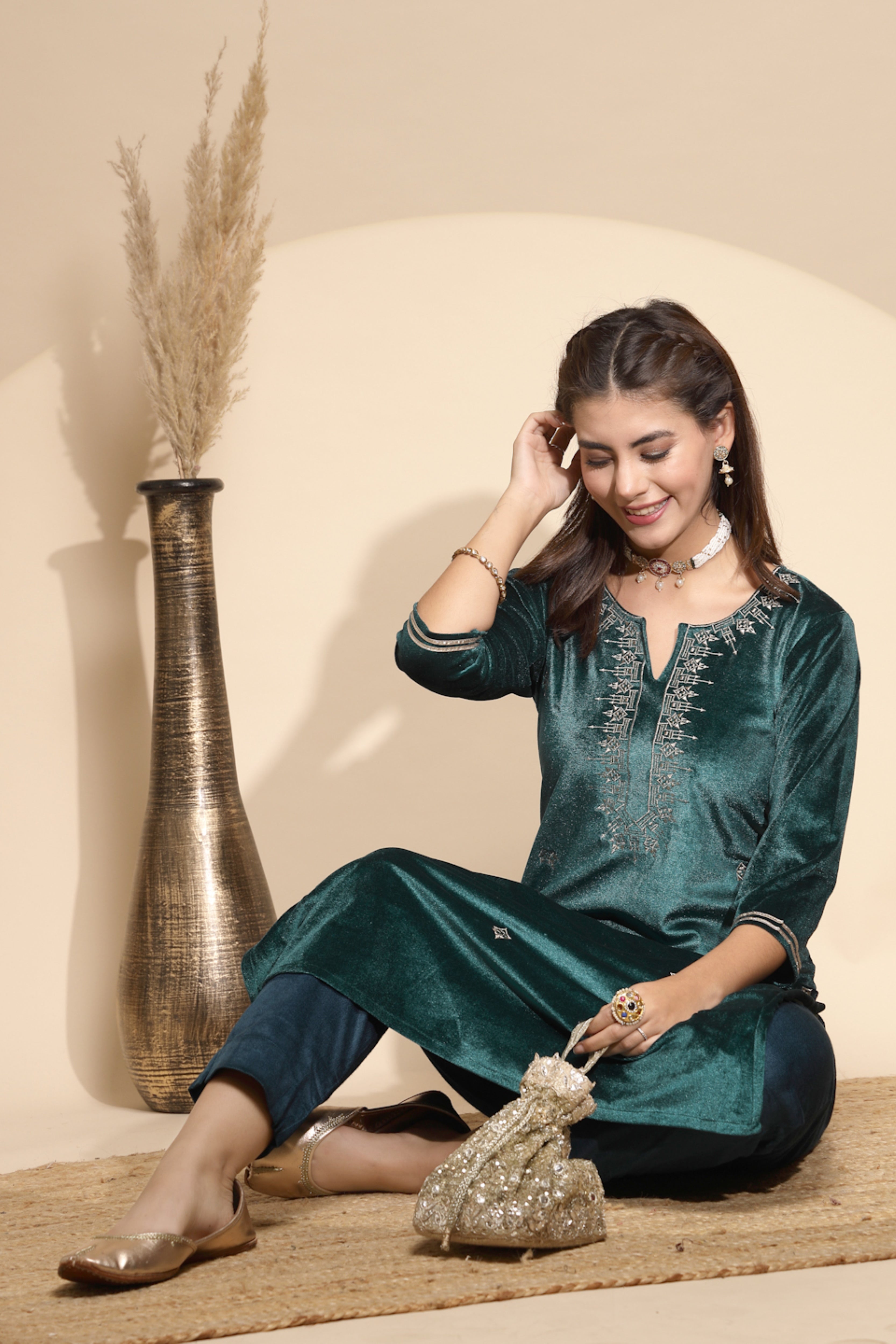 Green Embroidered Velvet Kurta