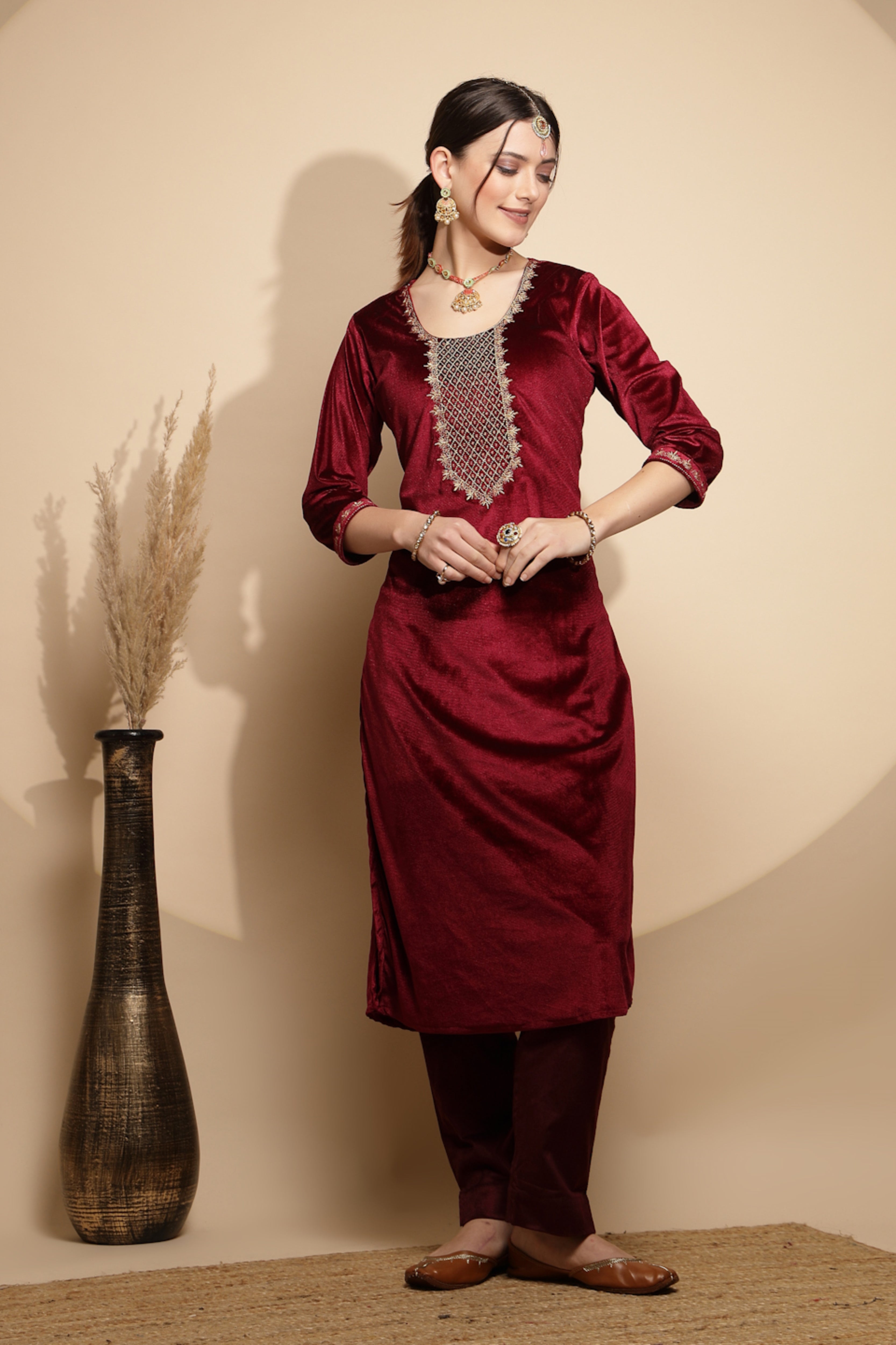 Maroon Embellished Velvet Kurta