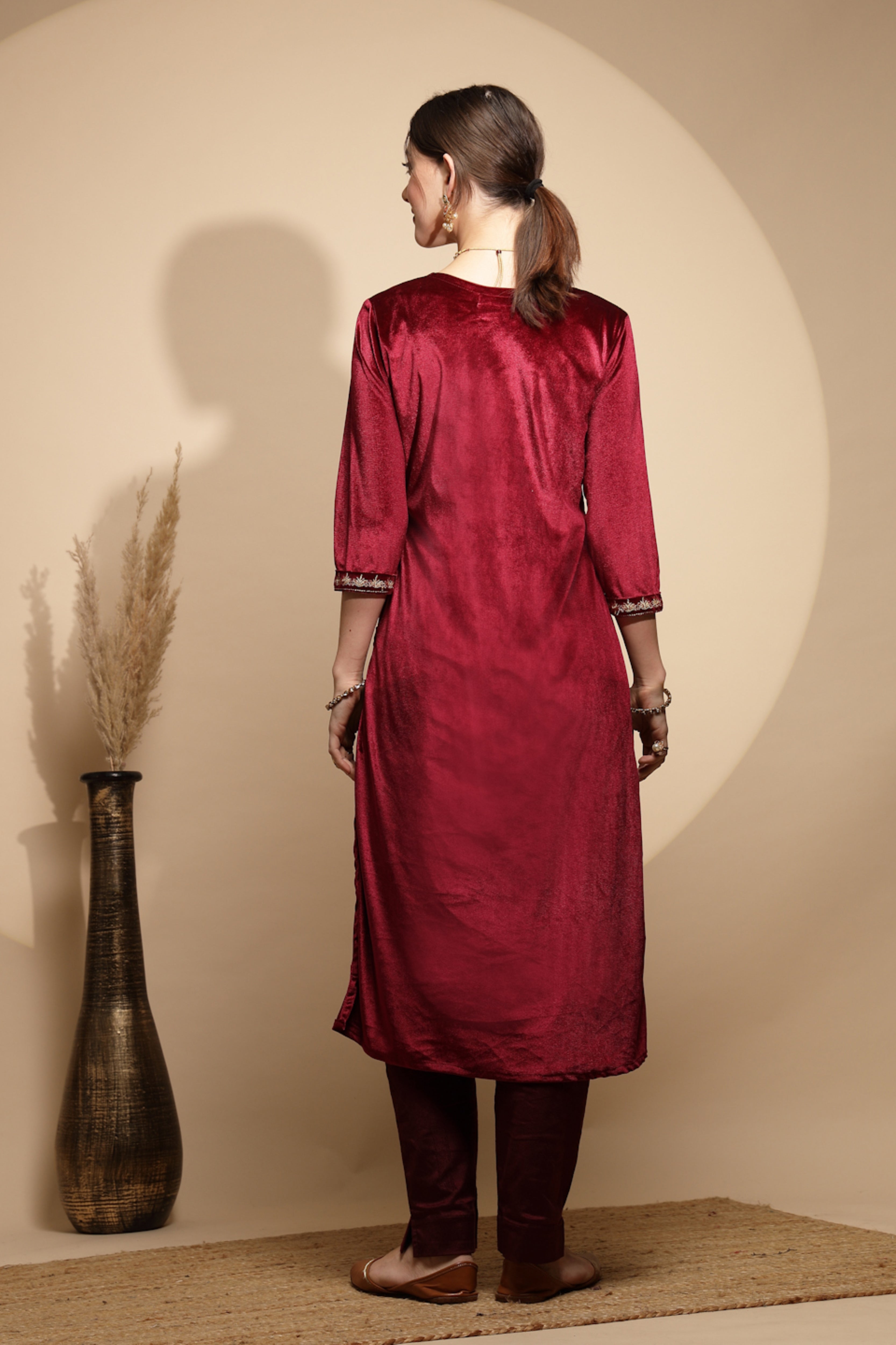 Maroon Embellished Velvet Kurta