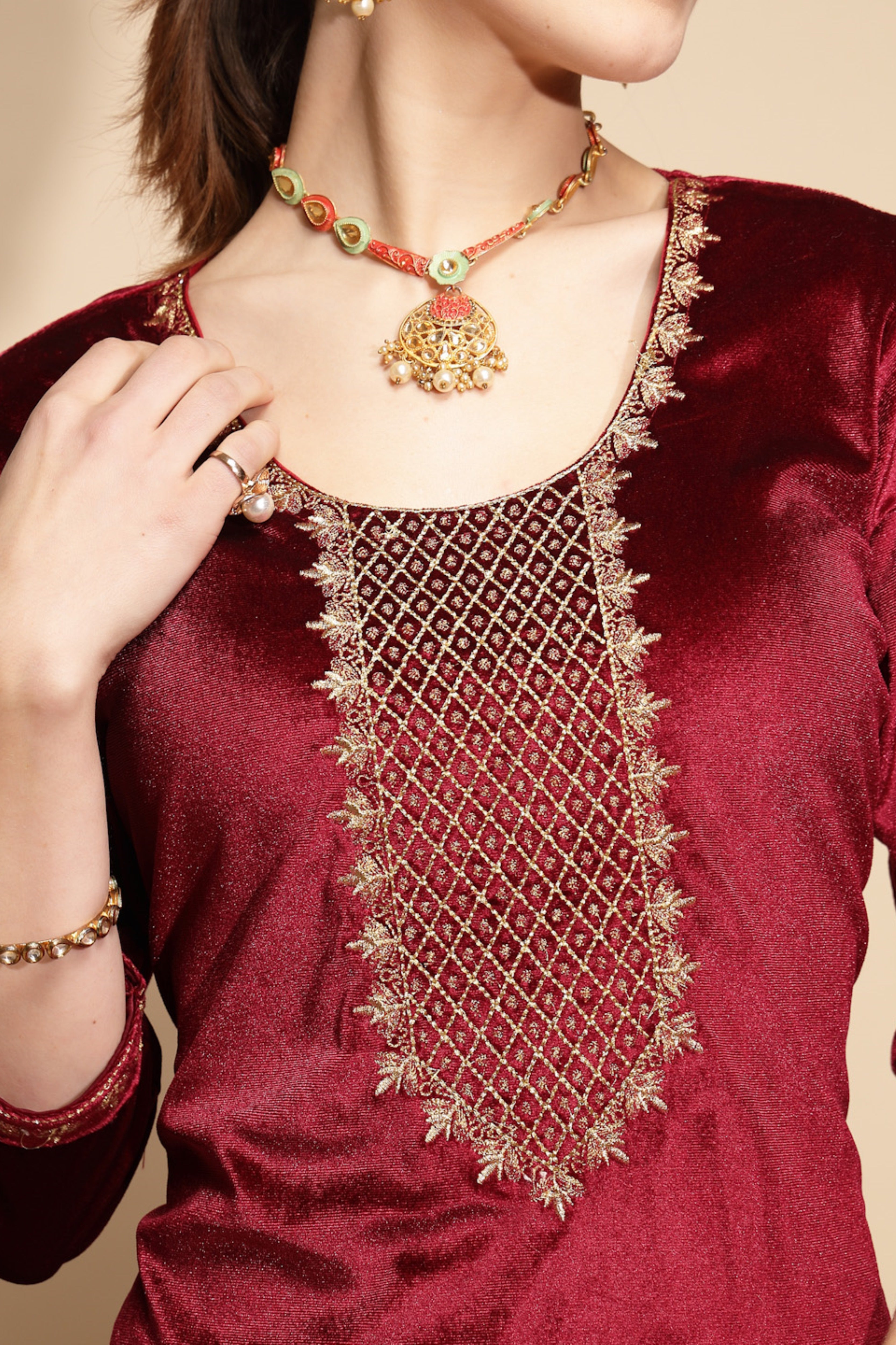 Maroon Embellished Velvet Kurta