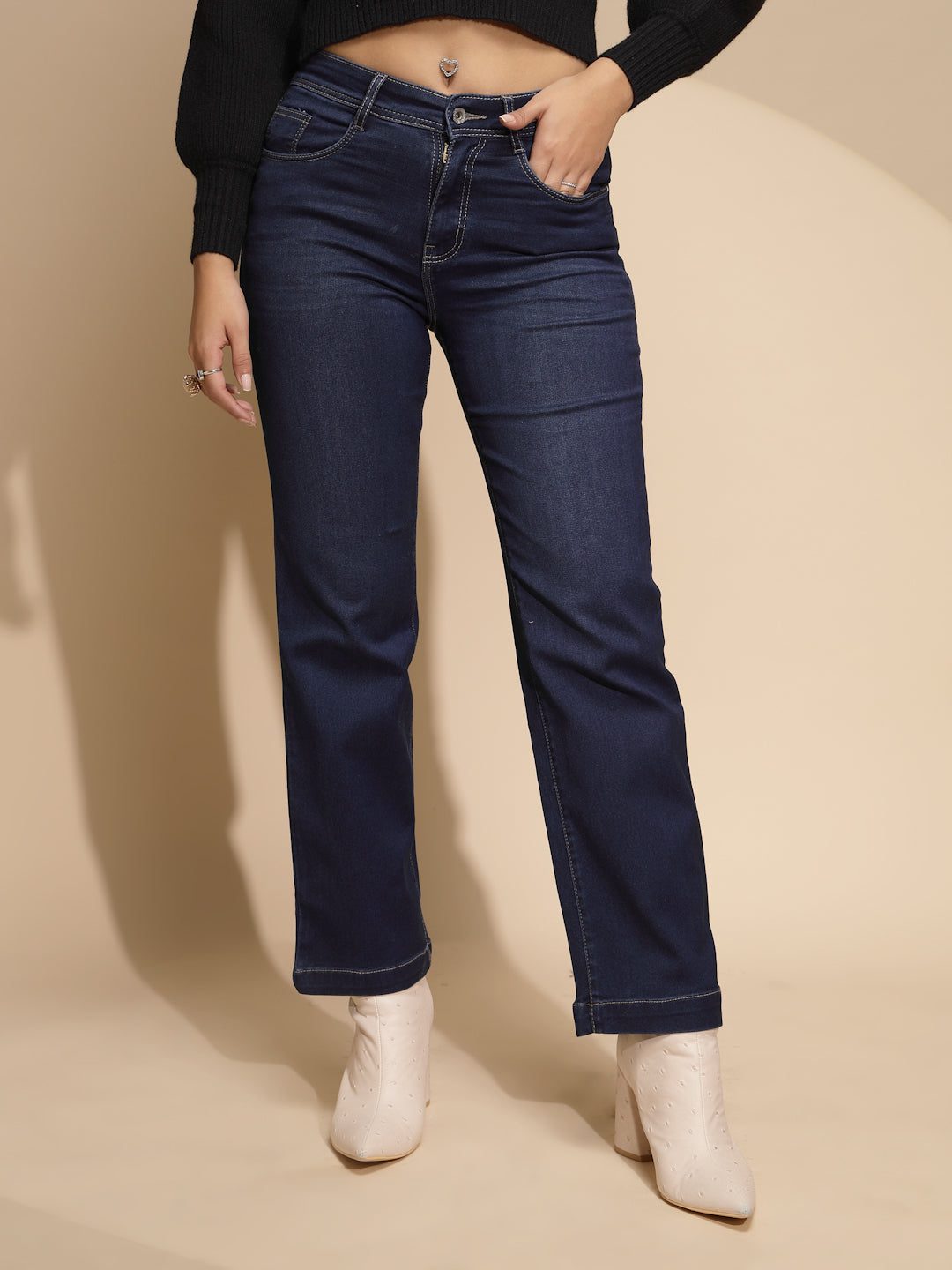 Women Solid Cotton Blend Mid Rise Regular fit Jeans