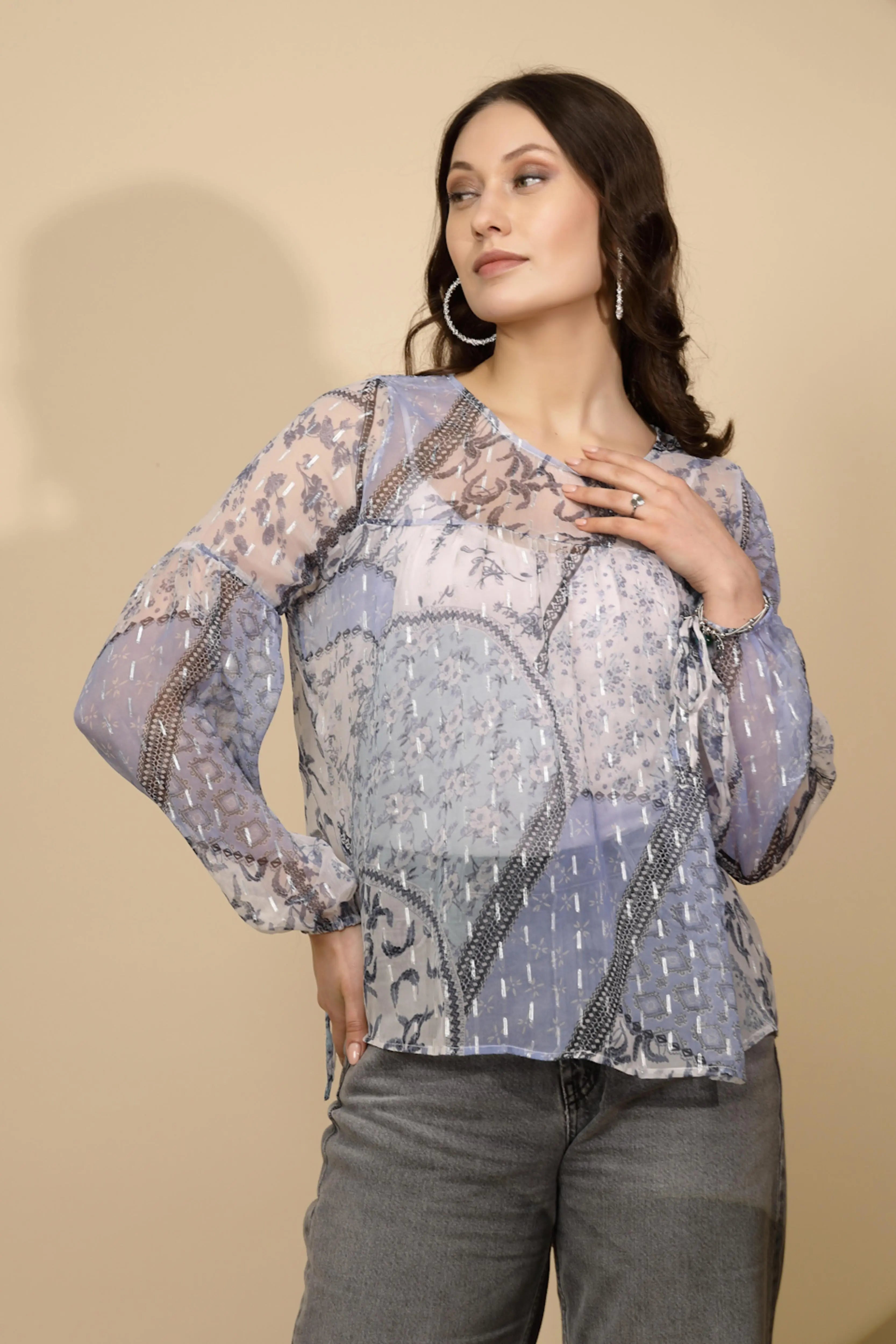 Light Blue Chiffon Regular Fit Blouson Top For Women - Global Republic