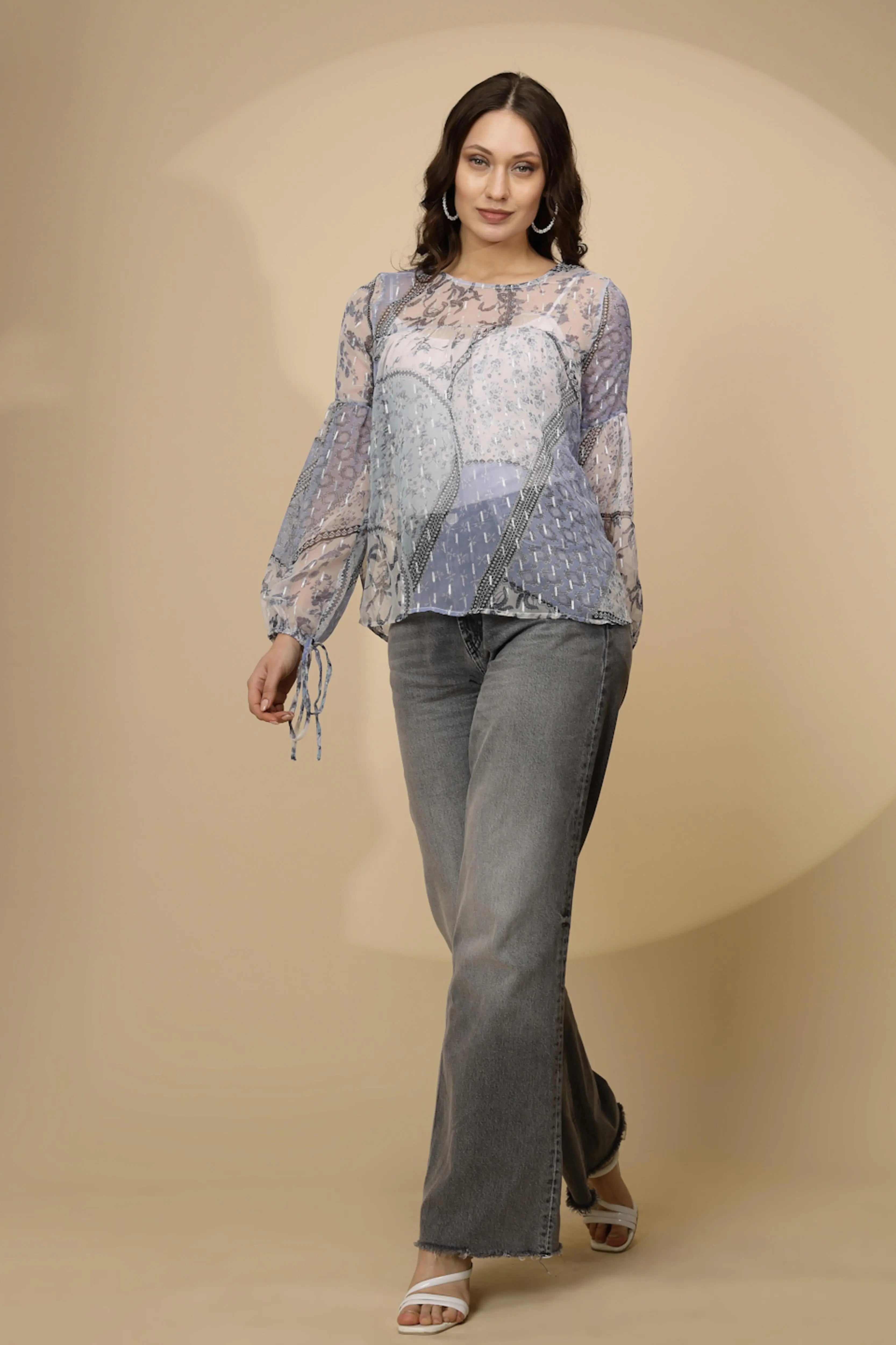 Light Blue Chiffon Regular Fit Blouson Top For Women - Global Republic