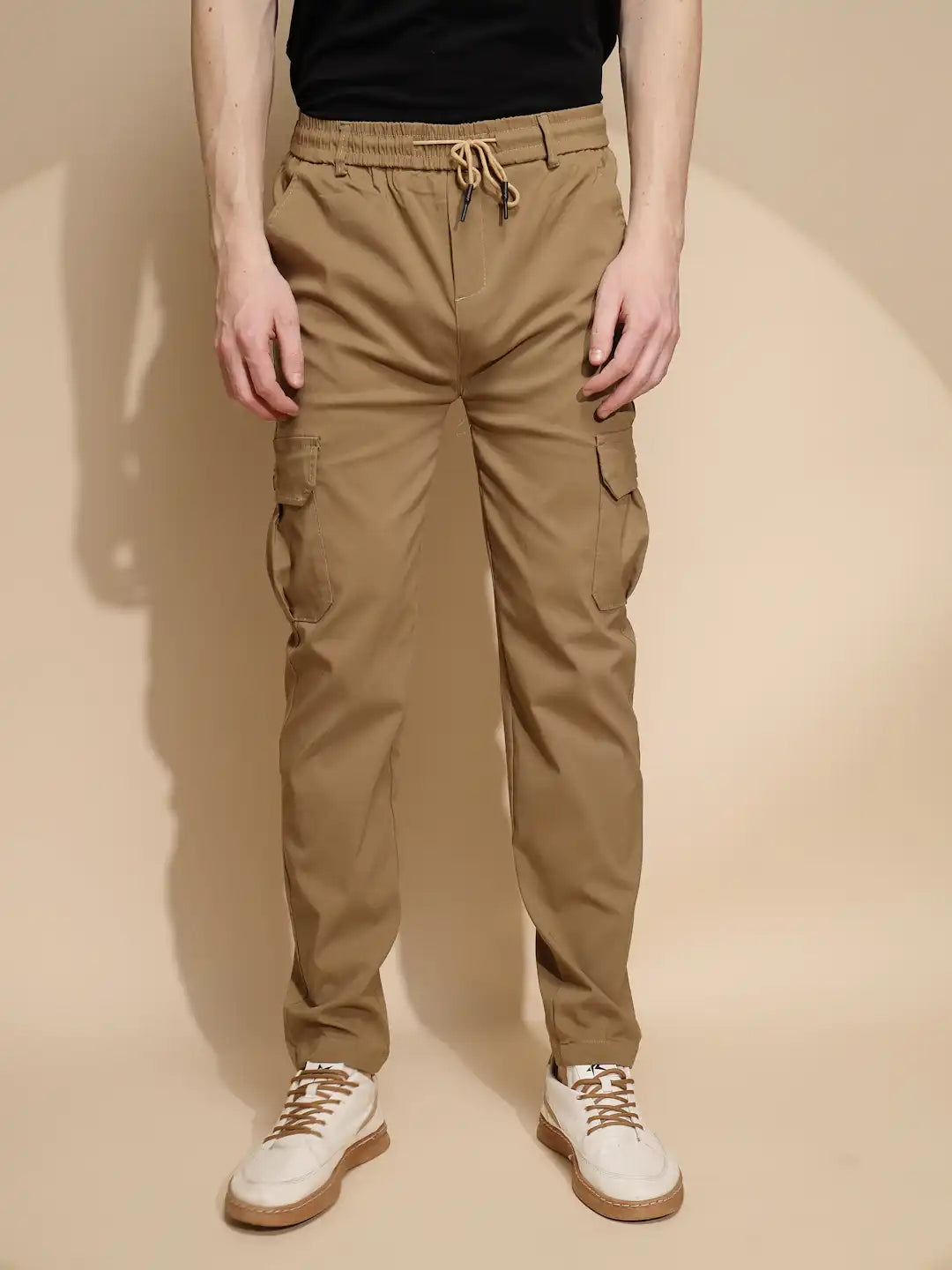 Men Brown Solid Acrylic Mid Rise Cargo Pant
