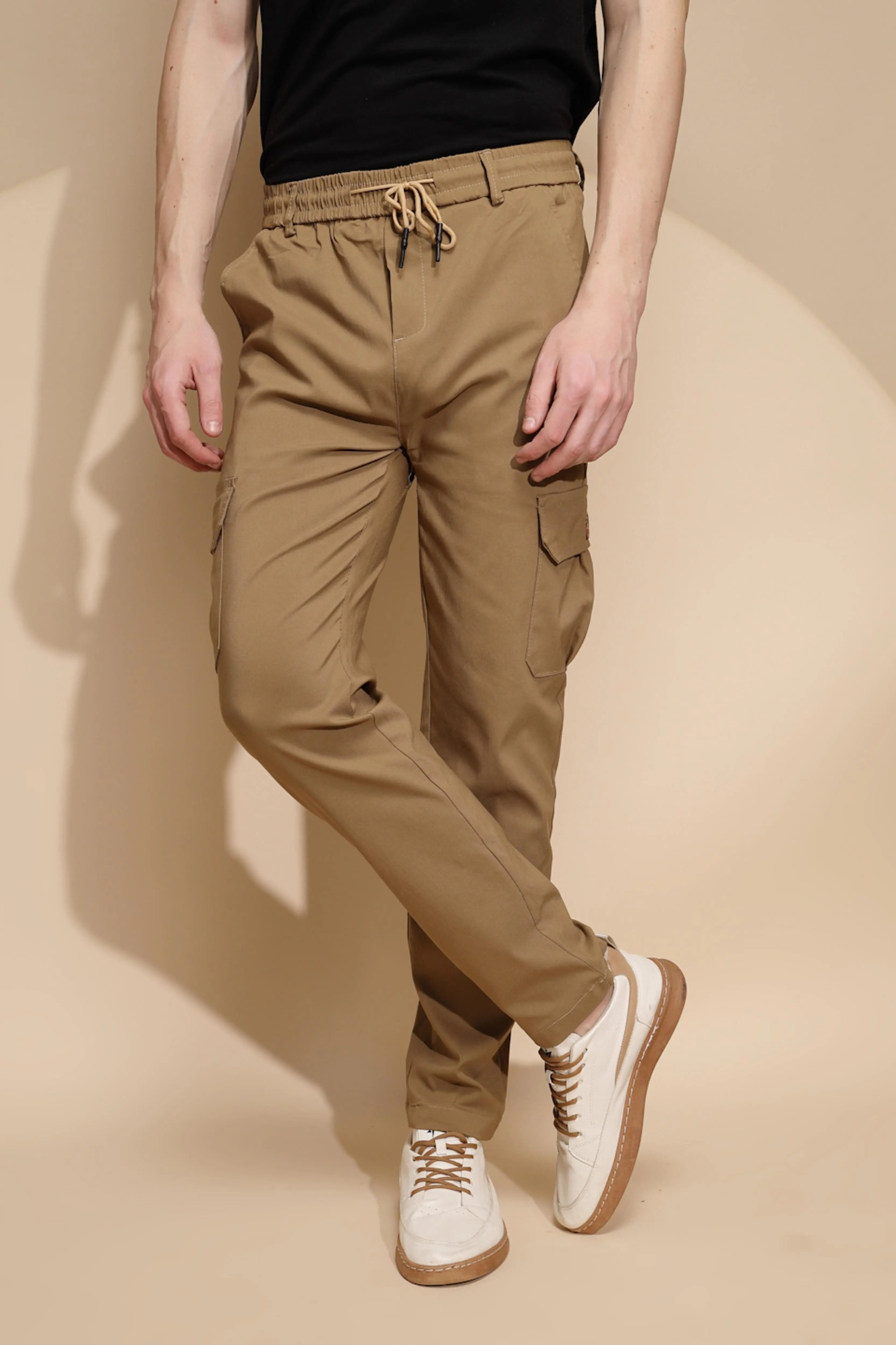 Men Brown Solid Mid Rise Cargo Pant - Global Republic