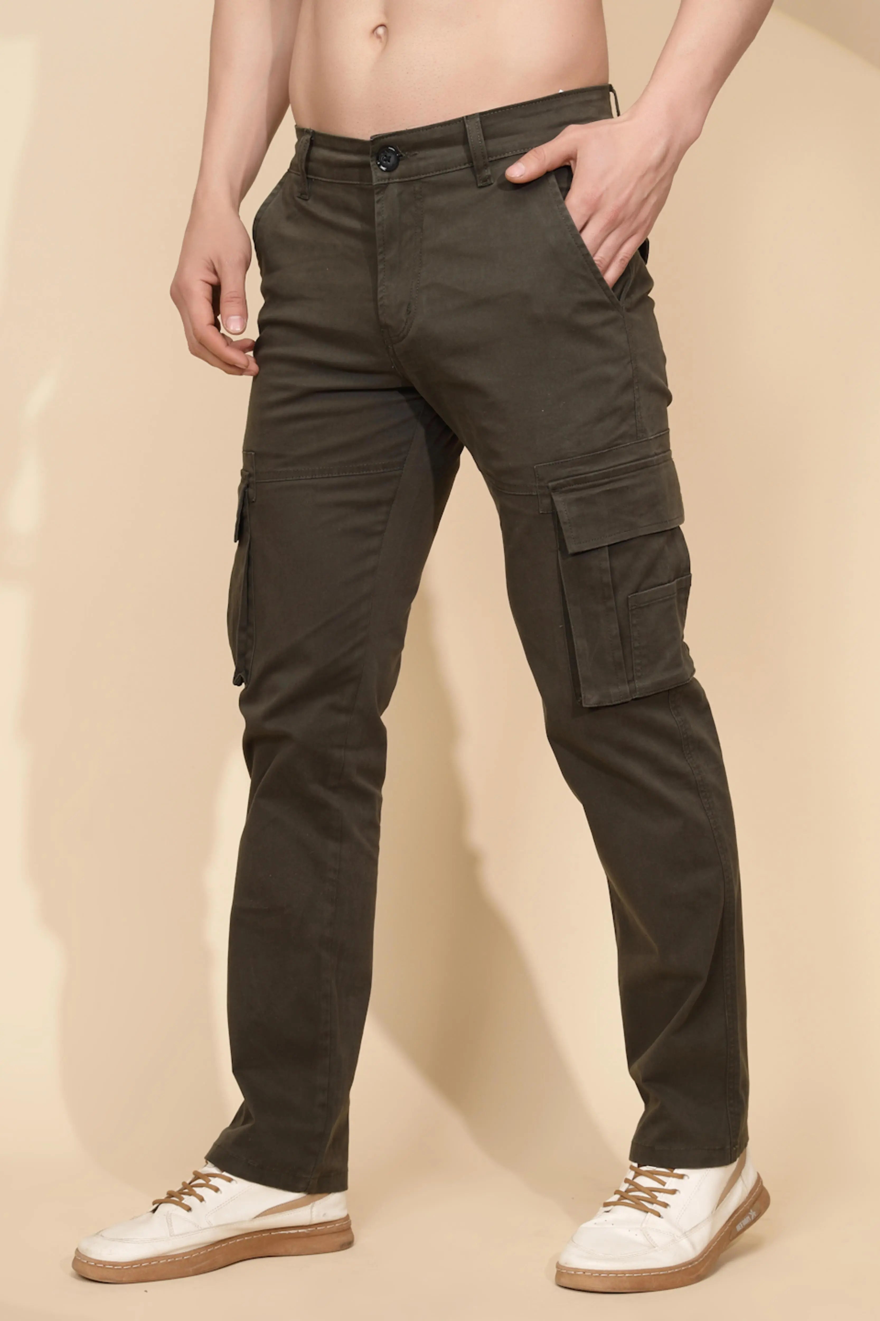 Olive Cotton Blend Regular Fit Cargo For Men - Global Republic