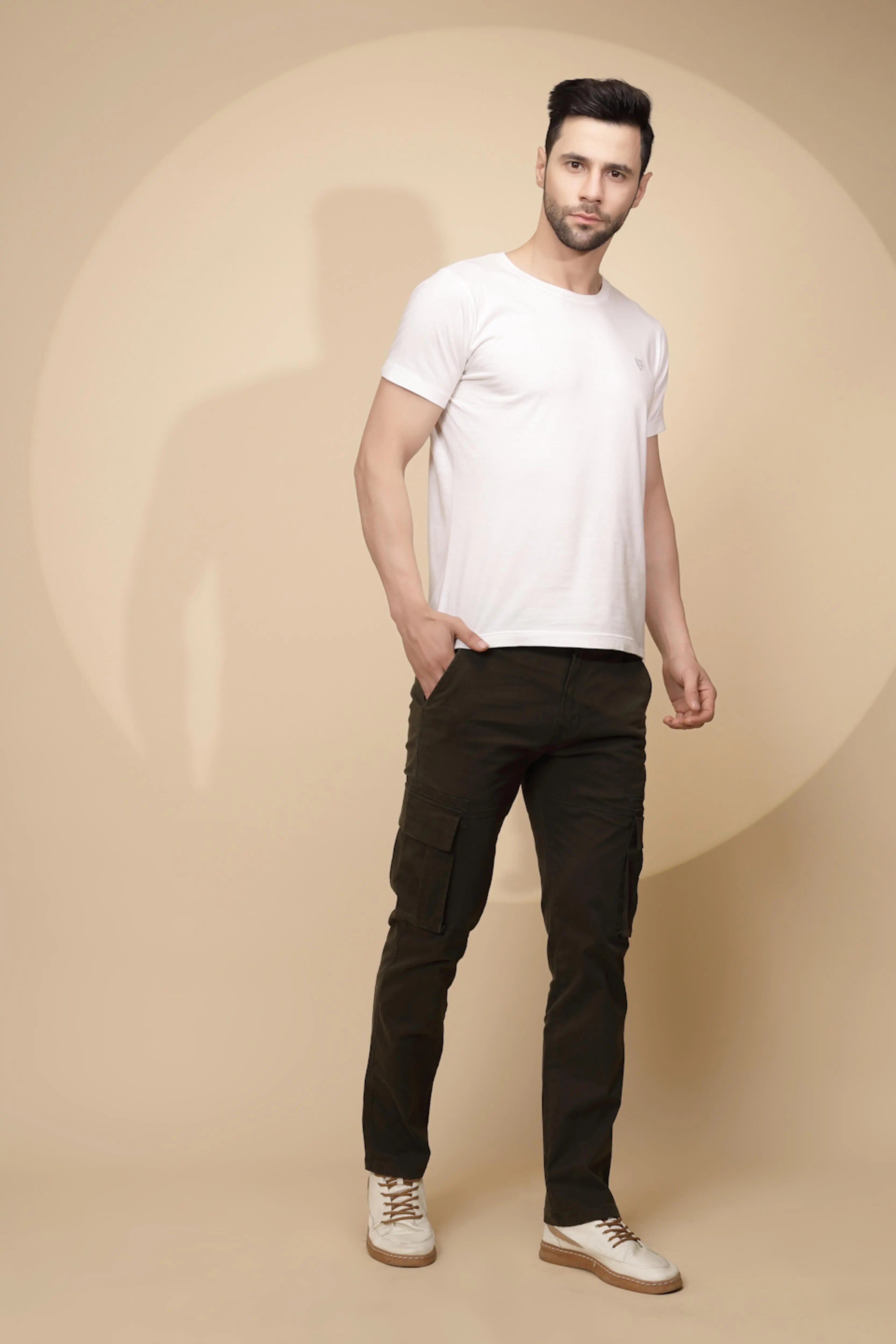 Olive Cotton Blend Regular Fit Cargo For Men - Global Republic