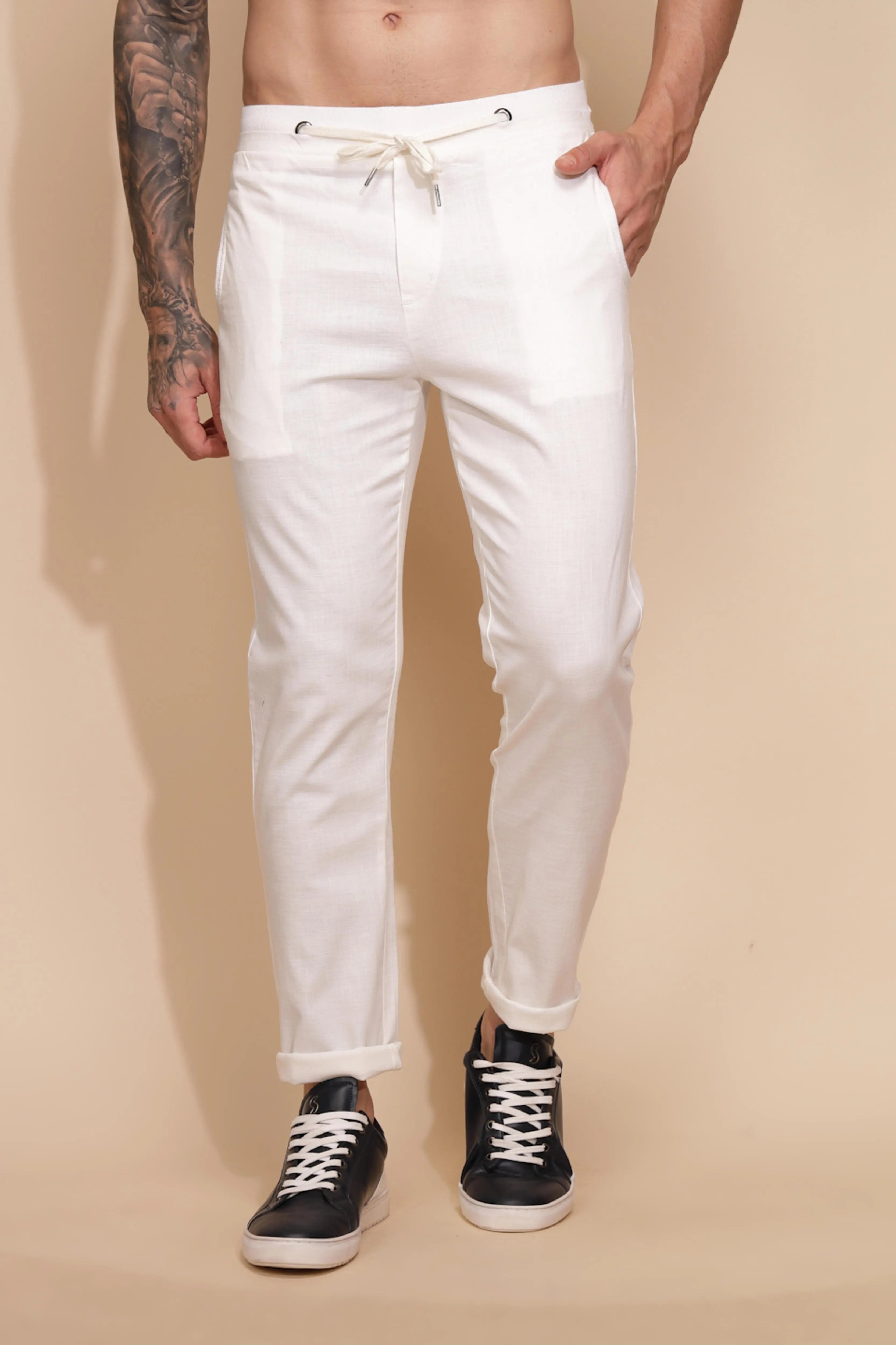 White Cotton Linen Relaxed Fit Lower - Global Republic