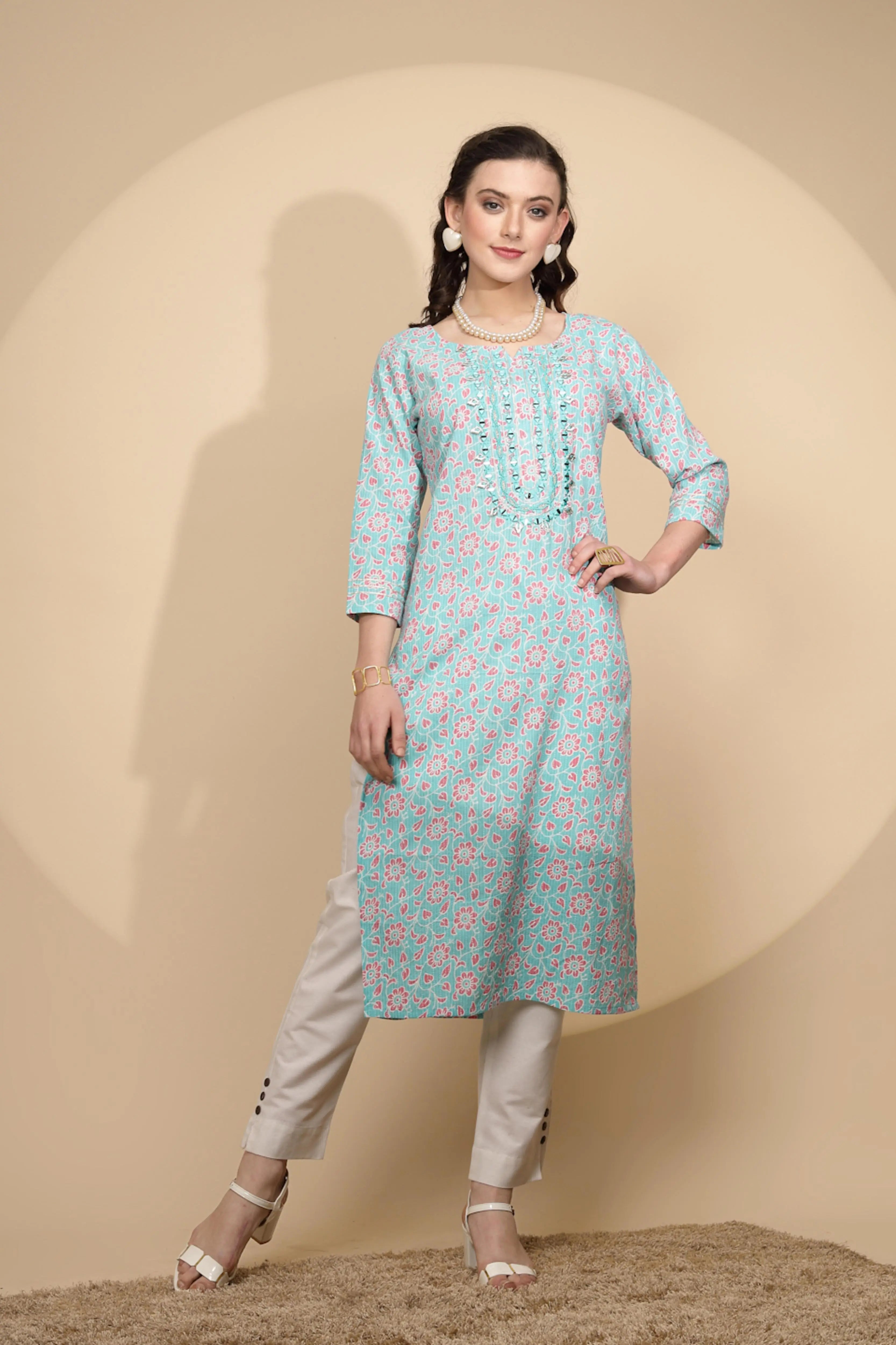 Firozi Cotton Regular Fit Kurta For Women - Global Republic