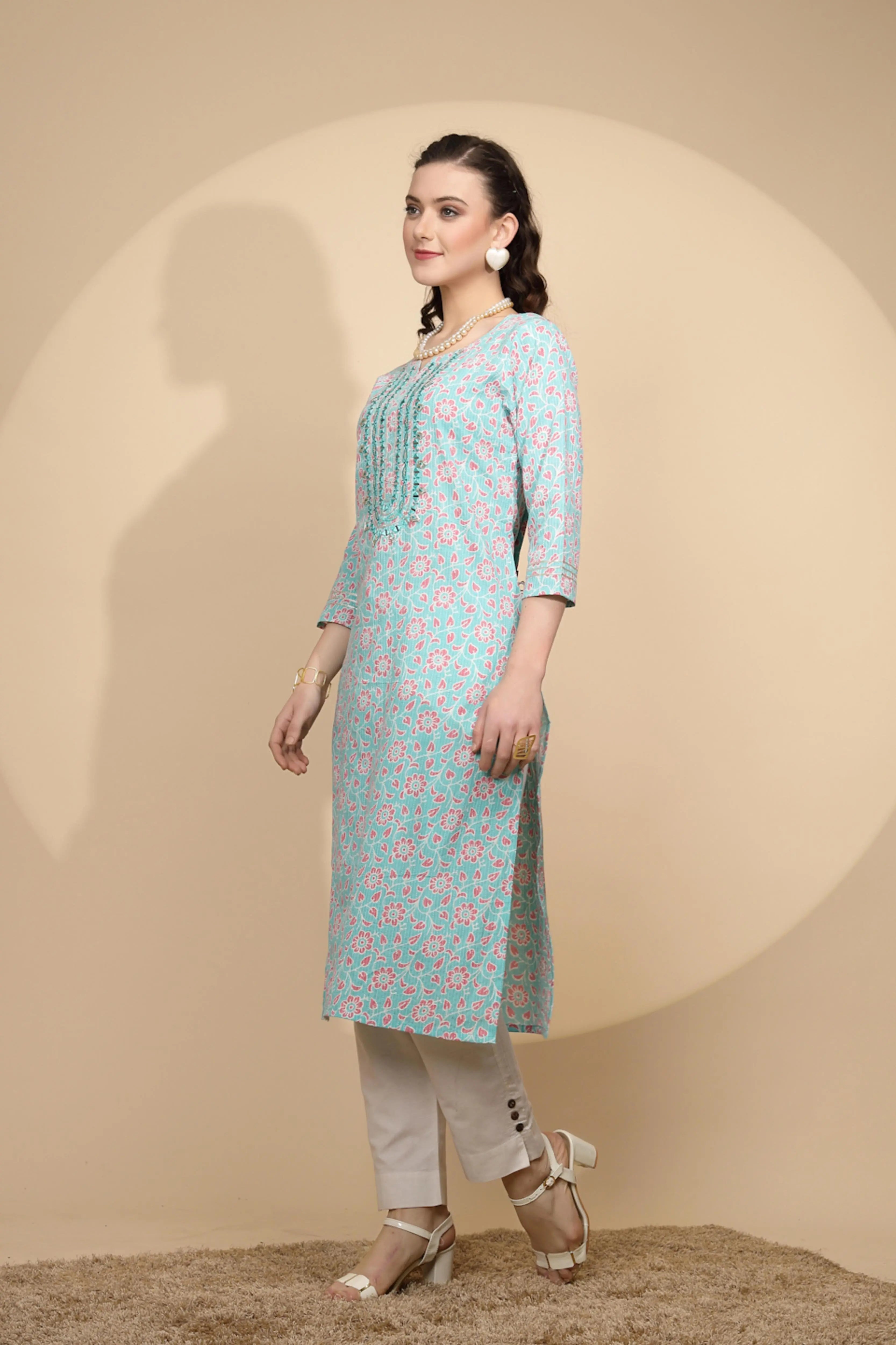Firozi Cotton Regular Fit Kurta For Women - Global Republic