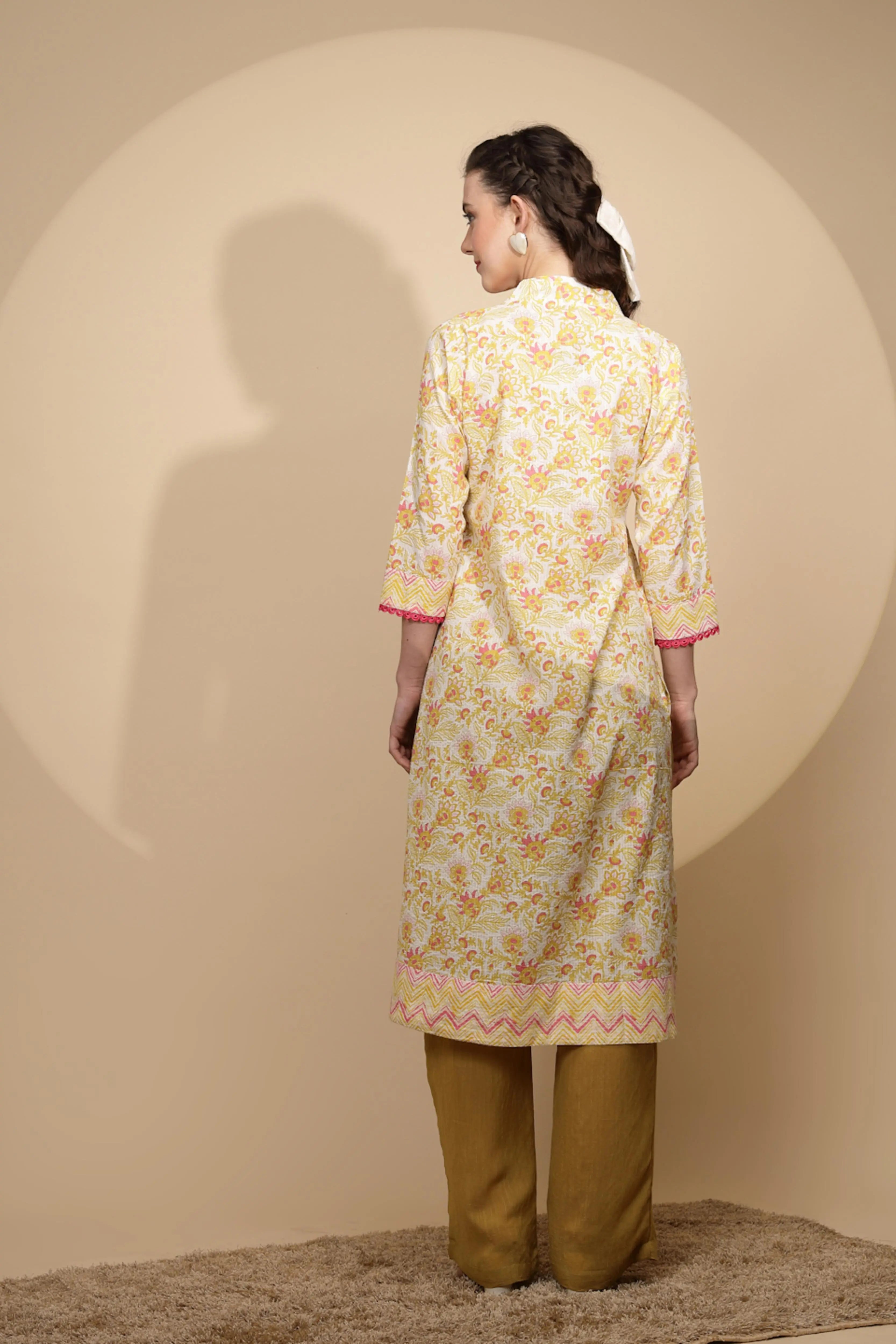 Yellow Floral Printed Cotton Kurta - Global Republic