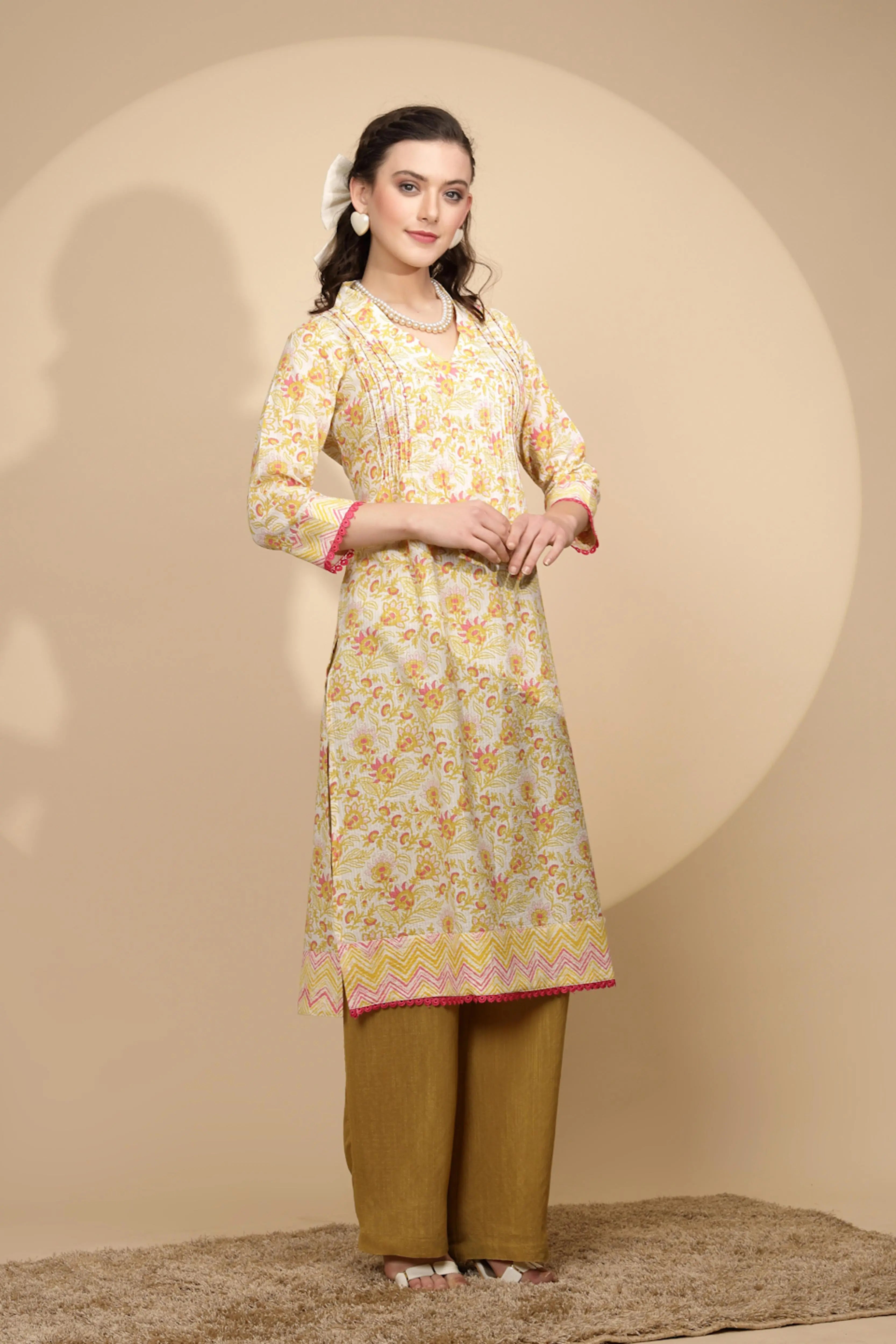 Yellow Floral Printed Cotton Kurta - Global Republic
