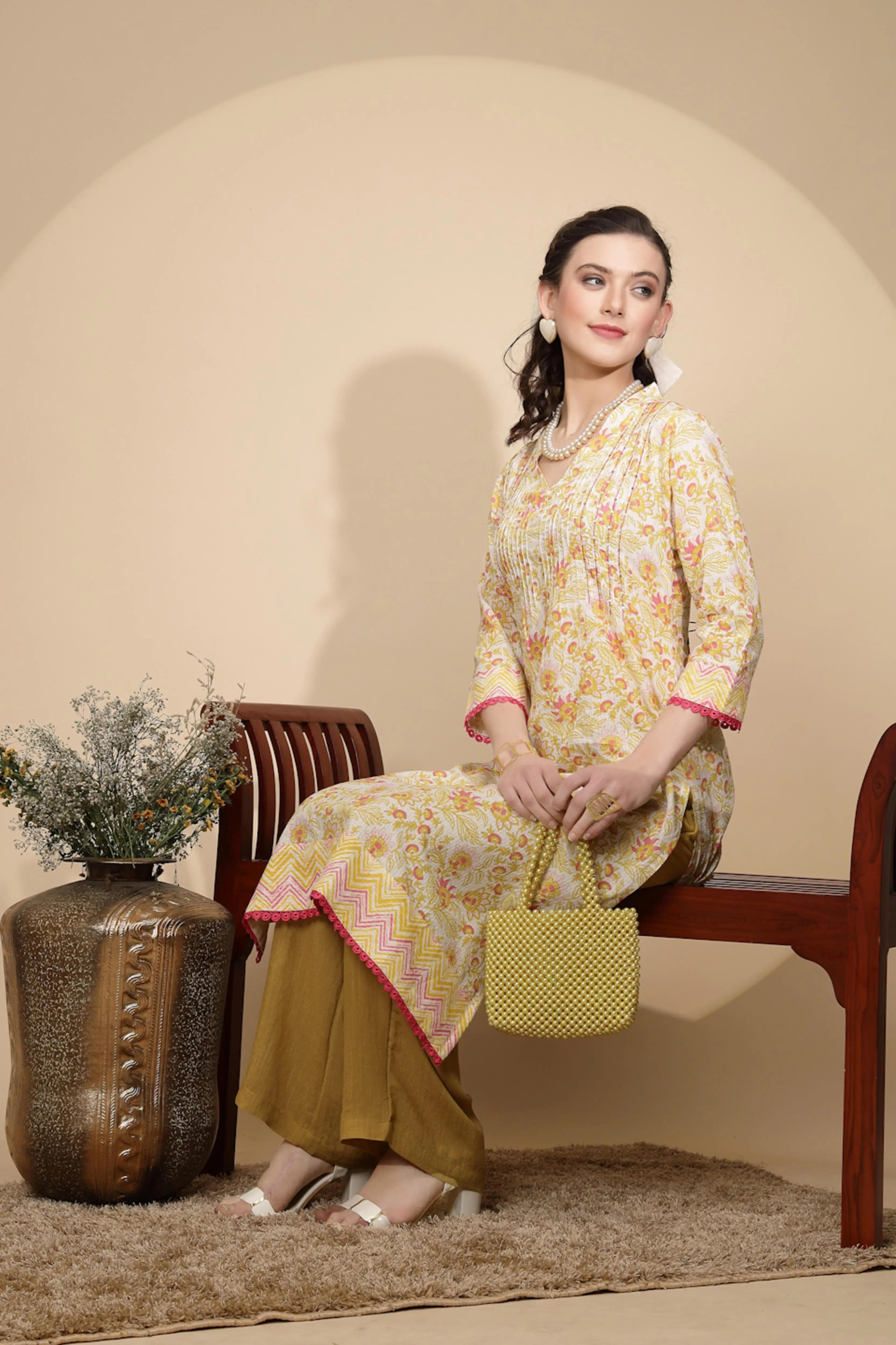 Yellow Floral Printed Cotton Kurta - Global Republic