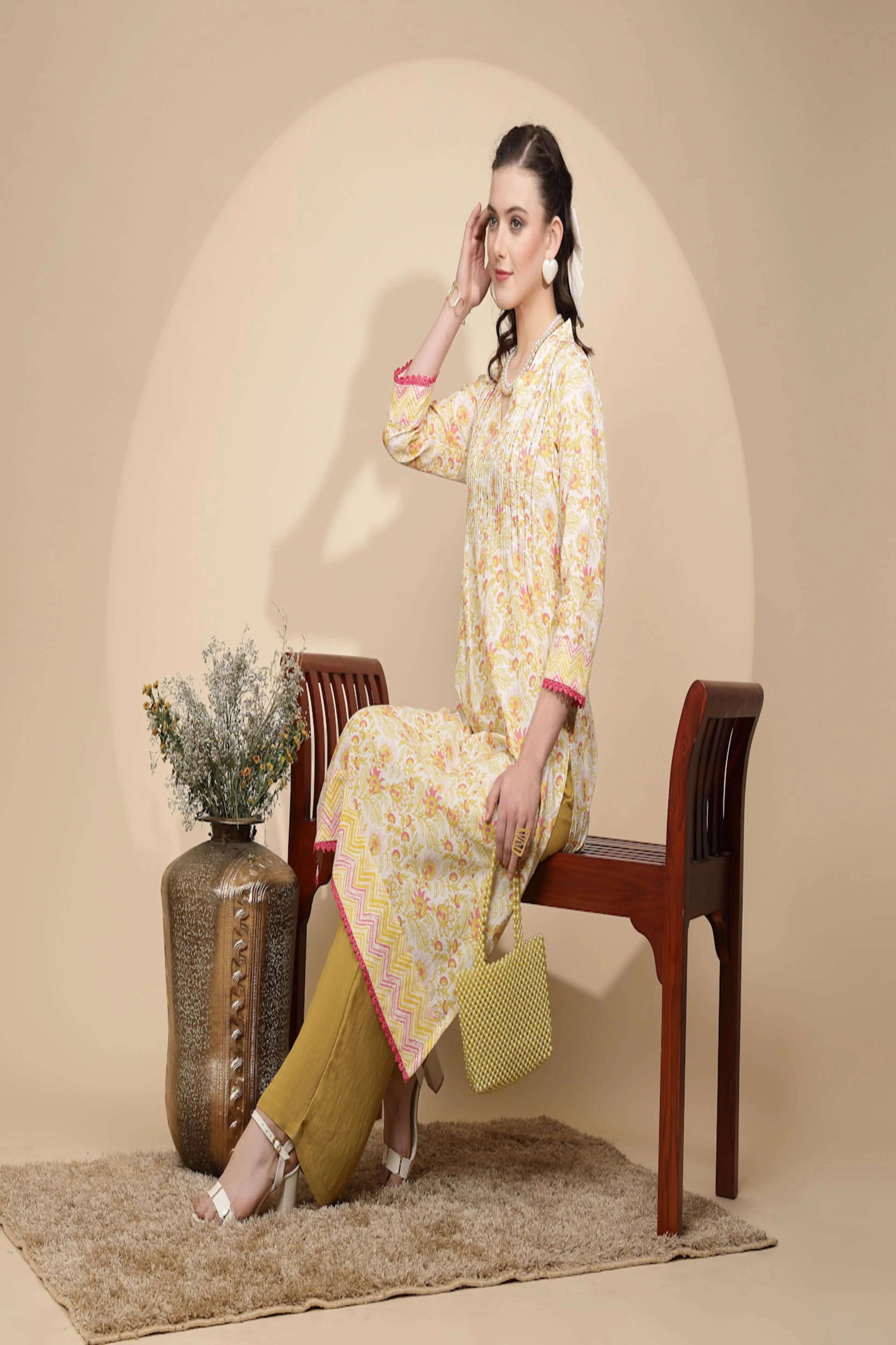 Yellow Floral Printed Cotton Kurta - Global Republic